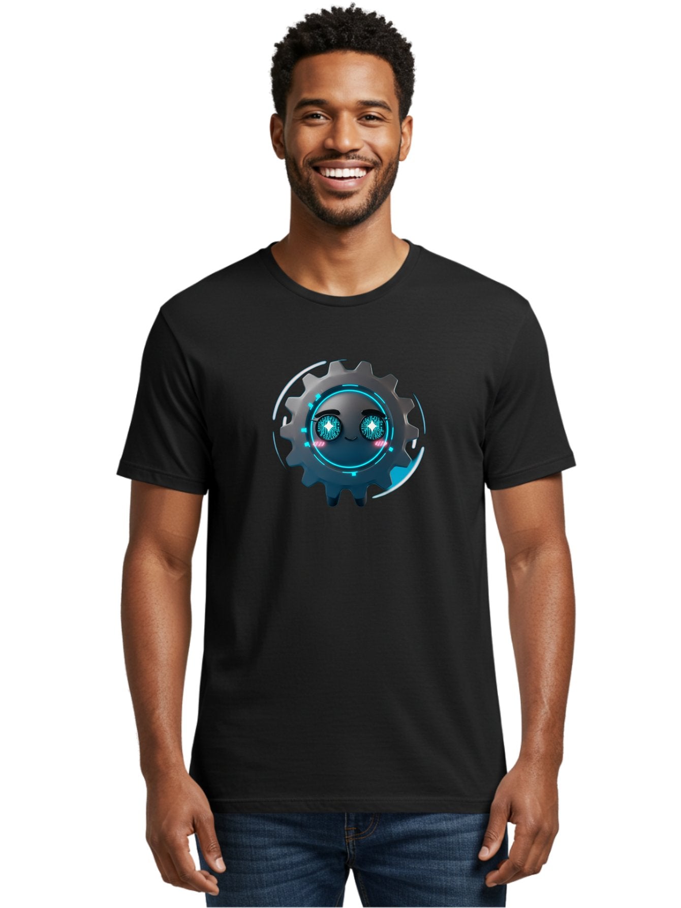 Gear-Character Men'S Graphic Tee, 100% Cotton, Comfortable Casual Summer Wear, Machine Washable, Futuristic Gear, Robotic Character, Mechanical Eyes, Neon Lights, Cybernetic Design, Futuristic Technology, Innovation, Artificial Intelligence, Bad122 24