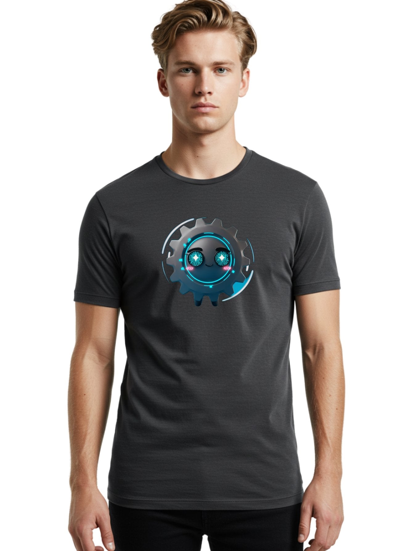 Gear-Character Men'S Graphic Tee, 100% Cotton, Comfortable Casual Summer Wear, Machine Washable, Futuristic Gear, Robotic Character, Mechanical Eyes, Neon Lights, Cybernetic Design, Futuristic Technology, Innovation, Artificial Intelligence, Bad122 21