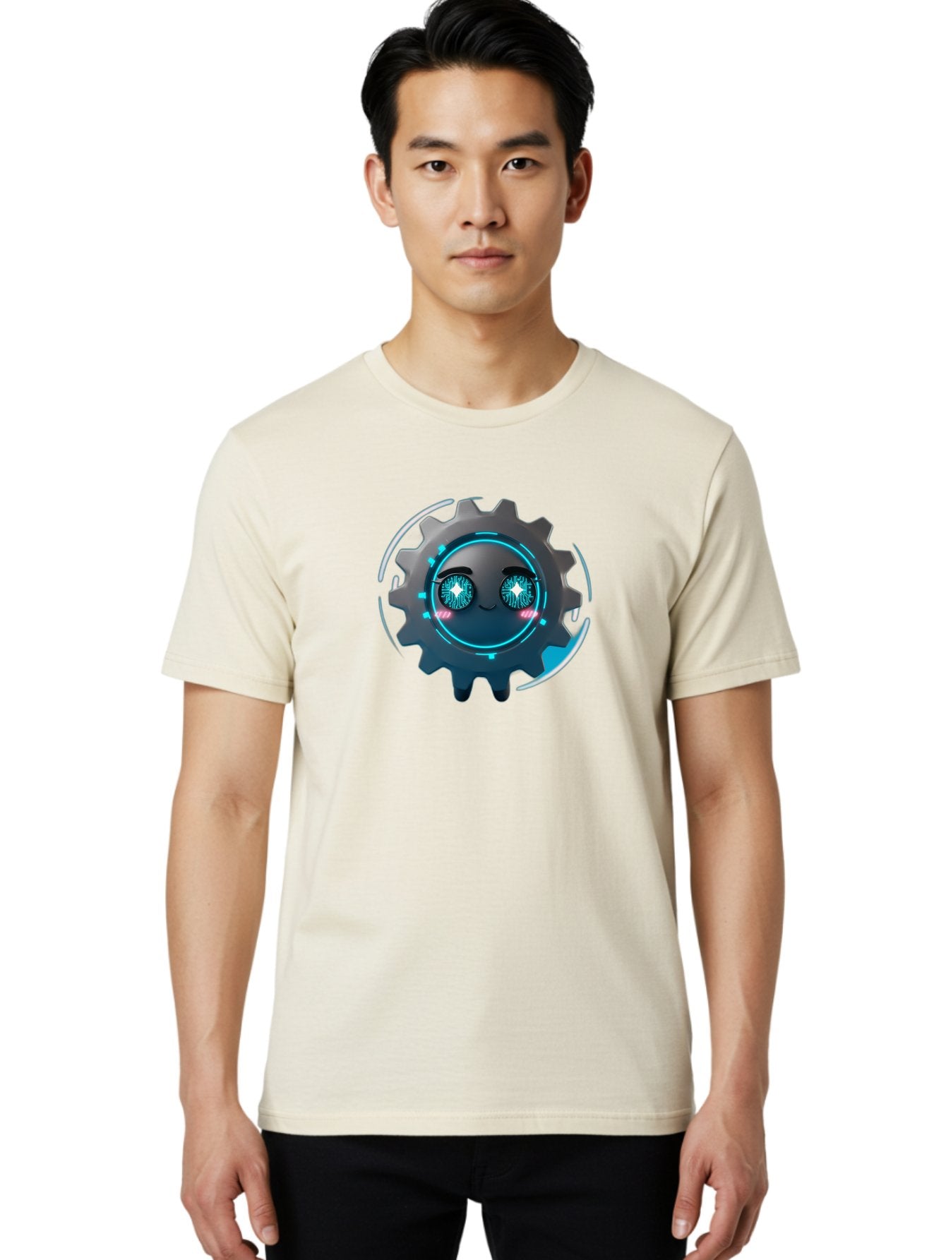 Gear-Character Men'S Graphic Tee, 100% Cotton, Comfortable Casual Summer Wear, Machine Washable, Futuristic Gear, Robotic Character, Mechanical Eyes, Neon Lights, Cybernetic Design, Futuristic Technology, Innovation, Artificial Intelligence, Bad122 25