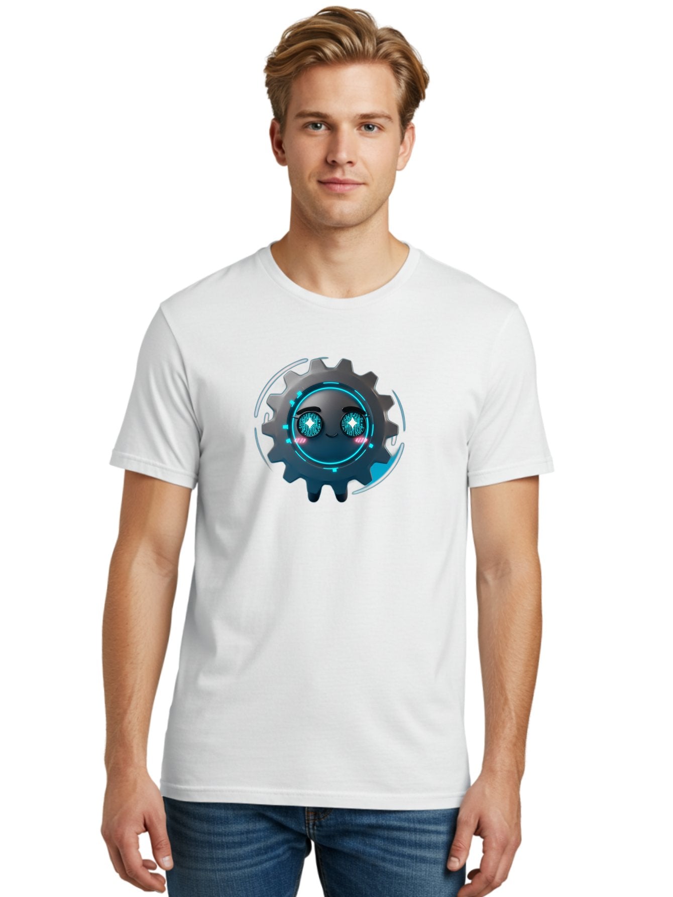 Gear-Character Men'S Graphic Tee, 100% Cotton, Comfortable Casual Summer Wear, Machine Washable, Futuristic Gear, Robotic Character, Mechanical Eyes, Neon Lights, Cybernetic Design, Futuristic Technology, Innovation, Artificial Intelligence, Bad122 23