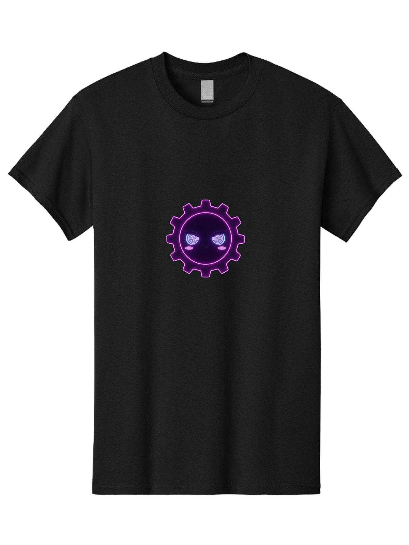 Gear-Face Men'S Graphic Tee, 100% Cotton, Comfortable Casual Summer Wear, Machine Washable, Purple Gear Icon, Futuristic Design, Neon Lights, Cyberpunk Theme, Machinery Symbol, Glowing Eyes, Tech Graphics, Digital Artwork, Mechanical Element Bad124