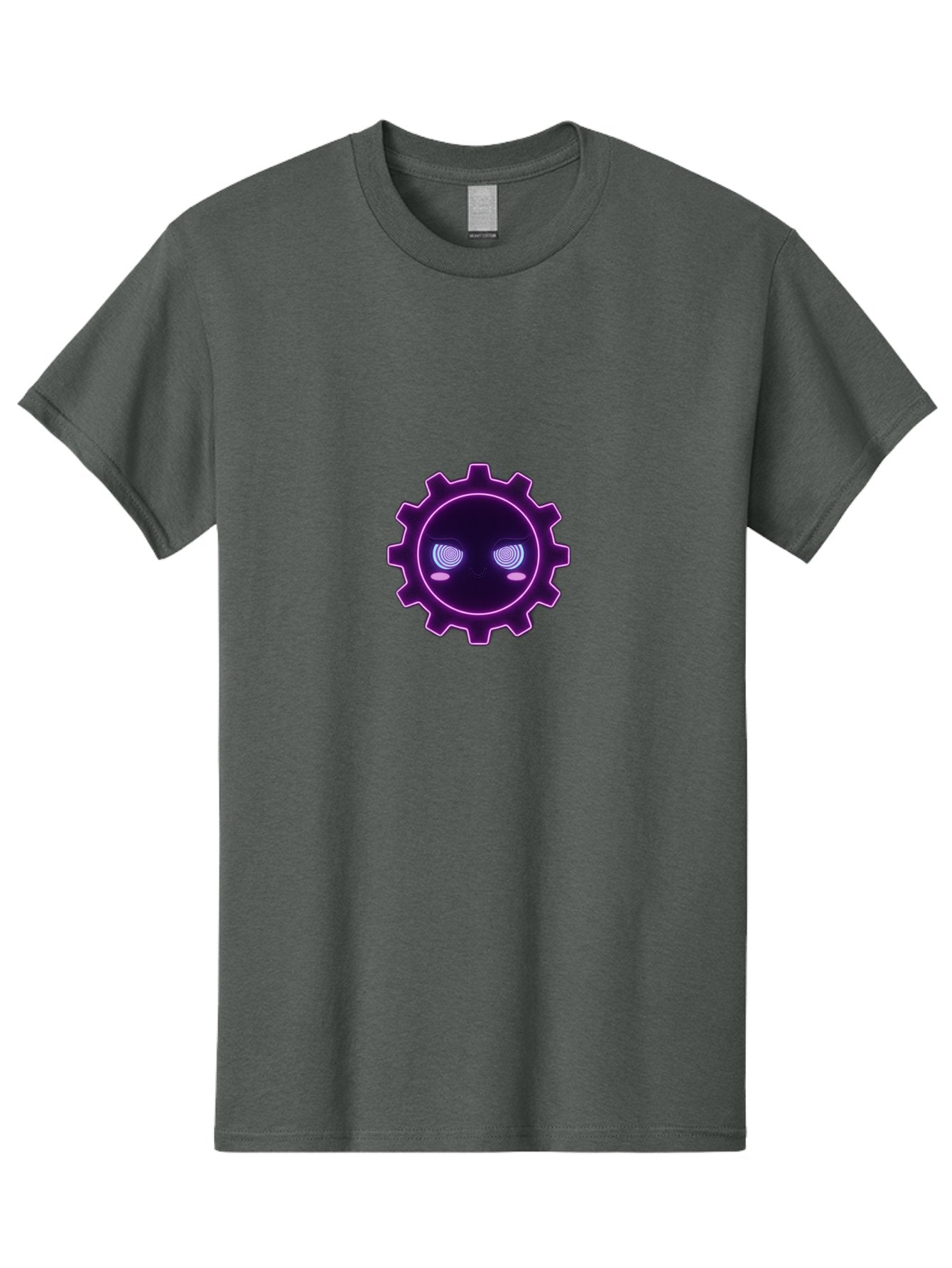 Gear-Face Men'S Graphic Tee, 100% Cotton, Comfortable Casual Summer Wear, Machine Washable, Purple Gear Icon, Futuristic Design, Neon Lights, Cyberpunk Theme, Machinery Symbol, Glowing Eyes, Tech Graphics, Digital Artwork, Mechanical Element Bad124 7