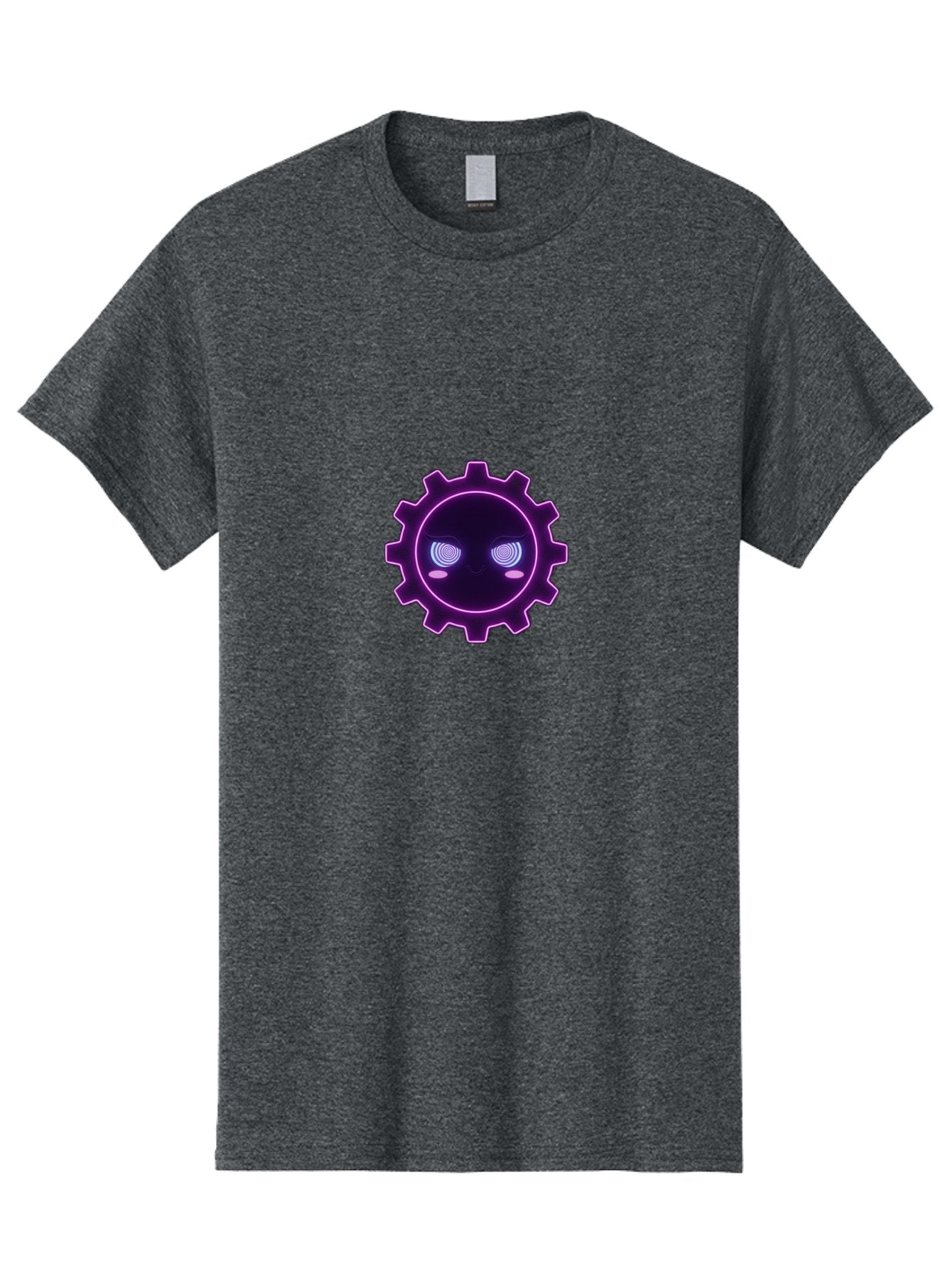 Gear-Face Men'S Graphic Tee, 100% Cotton, Comfortable Casual Summer Wear, Machine Washable, Purple Gear Icon, Futuristic Design, Neon Lights, Cyberpunk Theme, Machinery Symbol, Glowing Eyes, Tech Graphics, Digital Artwork, Mechanical Element Bad124 5