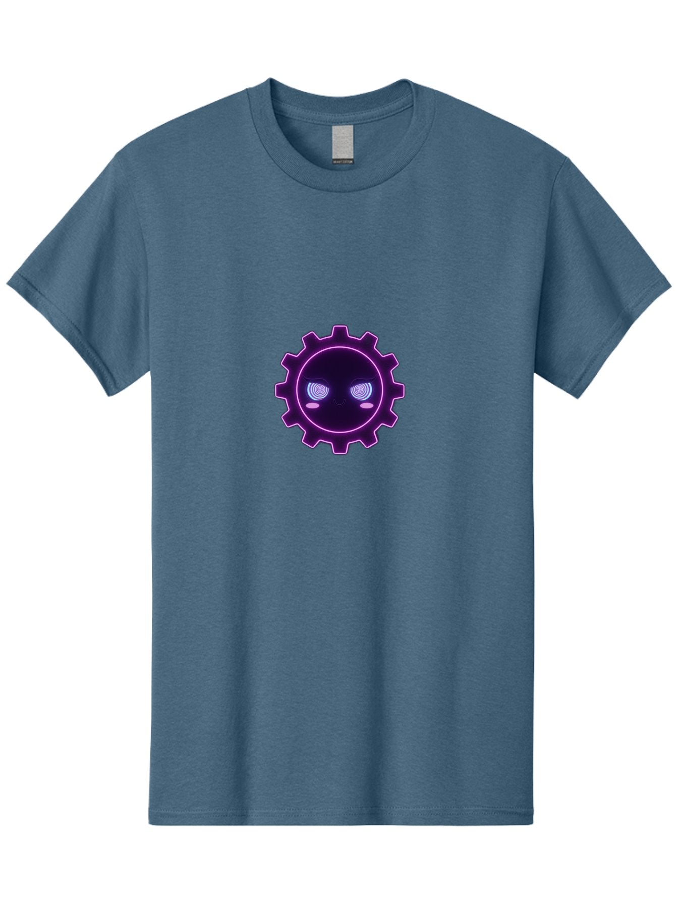 Gear-Face Men'S Graphic Tee, 100% Cotton, Comfortable Casual Summer Wear, Machine Washable, Purple Gear Icon, Futuristic Design, Neon Lights, Cyberpunk Theme, Machinery Symbol, Glowing Eyes, Tech Graphics, Digital Artwork, Mechanical Element Bad124 15