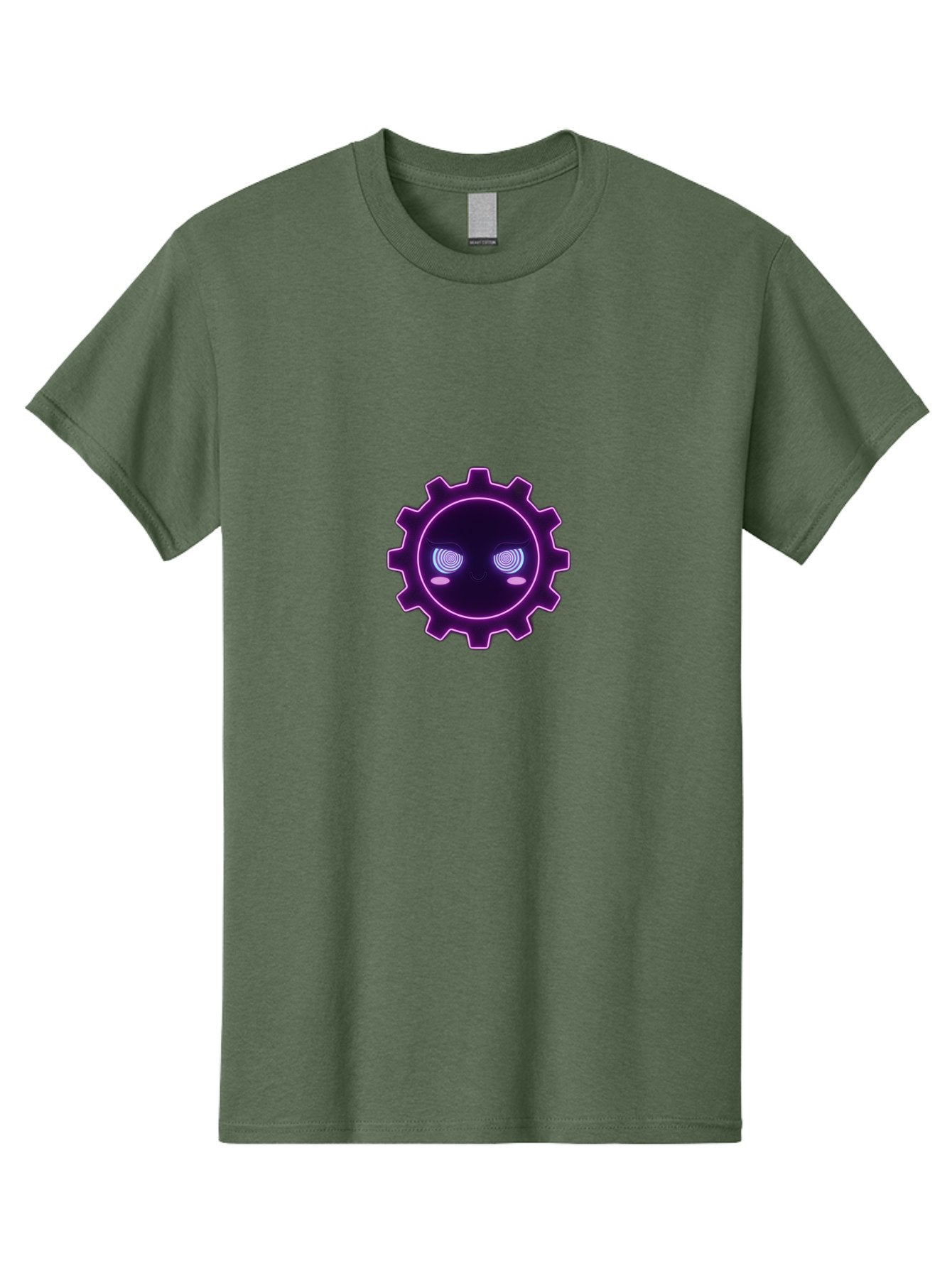 Gear-Face Men'S Graphic Tee, 100% Cotton, Comfortable Casual Summer Wear, Machine Washable, Purple Gear Icon, Futuristic Design, Neon Lights, Cyberpunk Theme, Machinery Symbol, Glowing Eyes, Tech Graphics, Digital Artwork, Mechanical Element Bad124