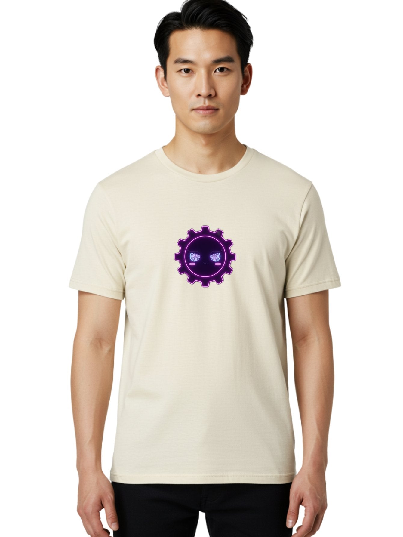 Gear-Face Men'S Graphic Tee, 100% Cotton, Comfortable Casual Summer Wear, Machine Washable, Purple Gear Icon, Futuristic Design, Neon Lights, Cyberpunk Theme, Machinery Symbol, Glowing Eyes, Tech Graphics, Digital Artwork, Mechanical Element Bad124 29