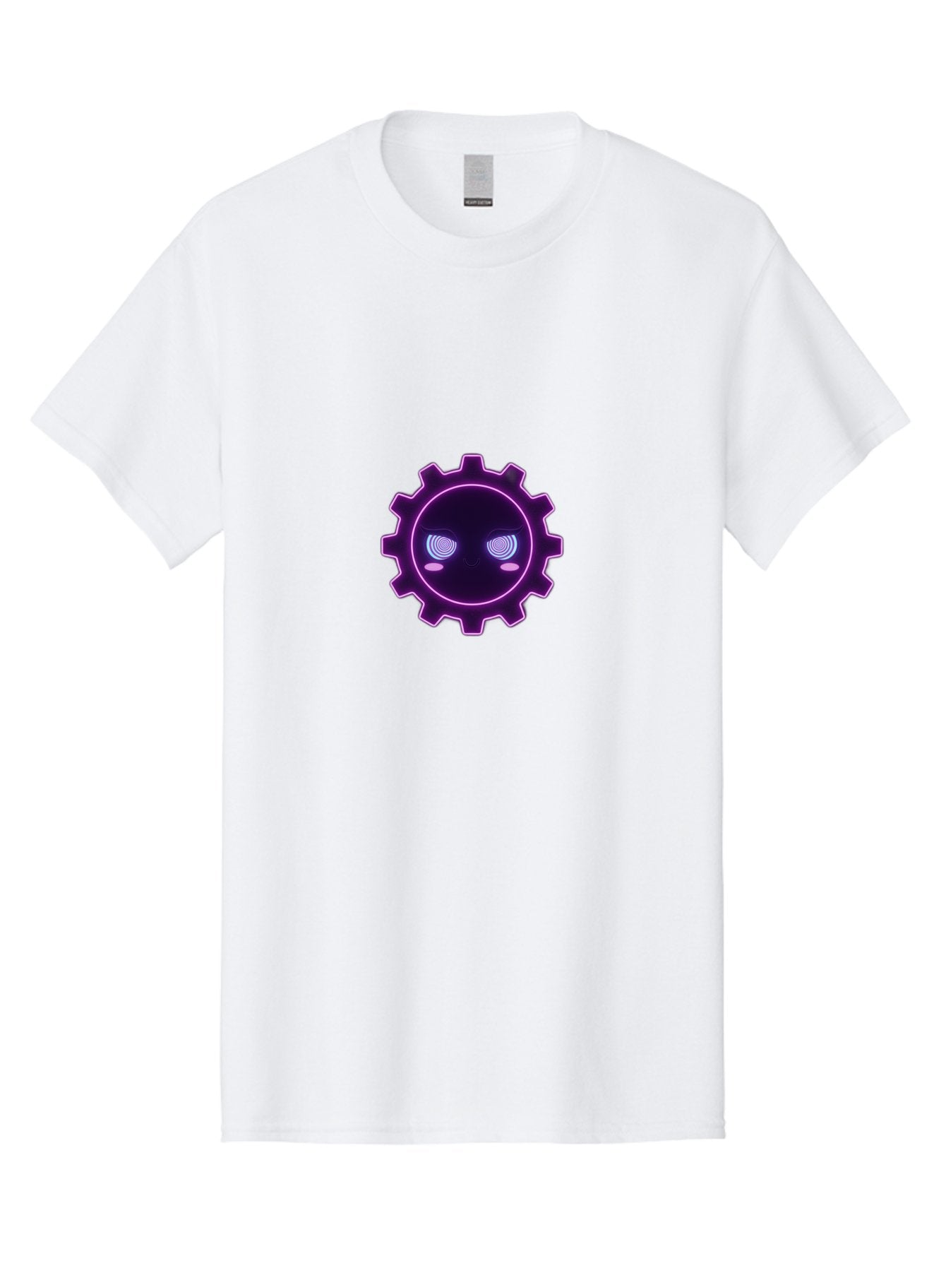 Gear-Face Men'S Graphic Tee, 100% Cotton, Comfortable Casual Summer Wear, Machine Washable, Purple Gear Icon, Futuristic Design, Neon Lights, Cyberpunk Theme, Machinery Symbol, Glowing Eyes, Tech Graphics, Digital Artwork, Mechanical Element Bad124 12