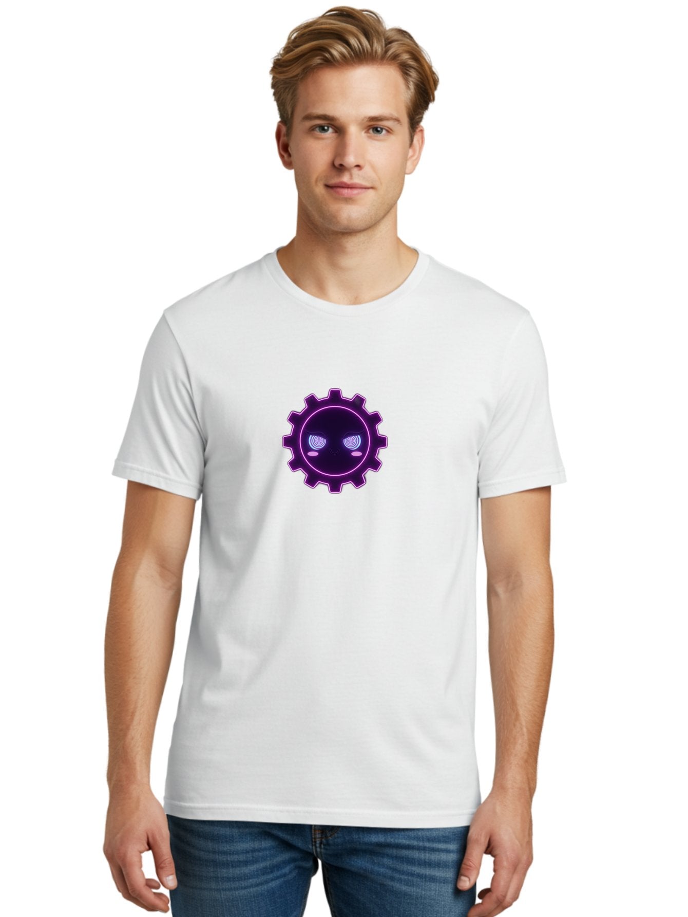 Gear-Face Men'S Graphic Tee, 100% Cotton, Comfortable Casual Summer Wear, Machine Washable, Purple Gear Icon, Futuristic Design, Neon Lights, Cyberpunk Theme, Machinery Symbol, Glowing Eyes, Tech Graphics, Digital Artwork, Mechanical Element Bad124 28
