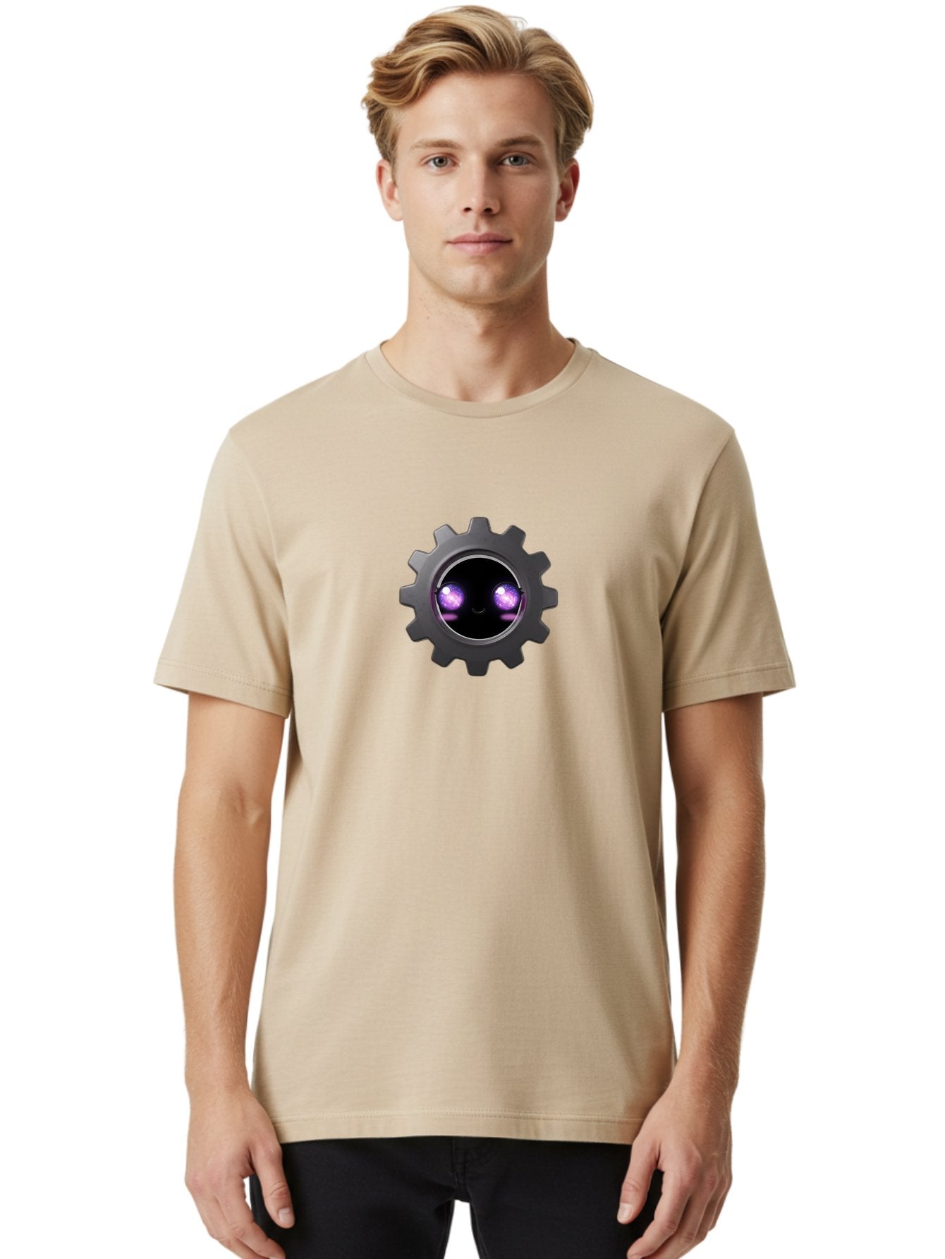 Gear-Robot-Face Men'S Graphic Tee, 100% Cotton, Comfortable Casual Summer Wear, Machine Washable, Industrial Gear, Mechanical Face, Glowing Purple Eyes, Robotics, Futuristic Machinery, Tech Innovation, Mechanical Engineering, Cybernetic Design Bad125 24