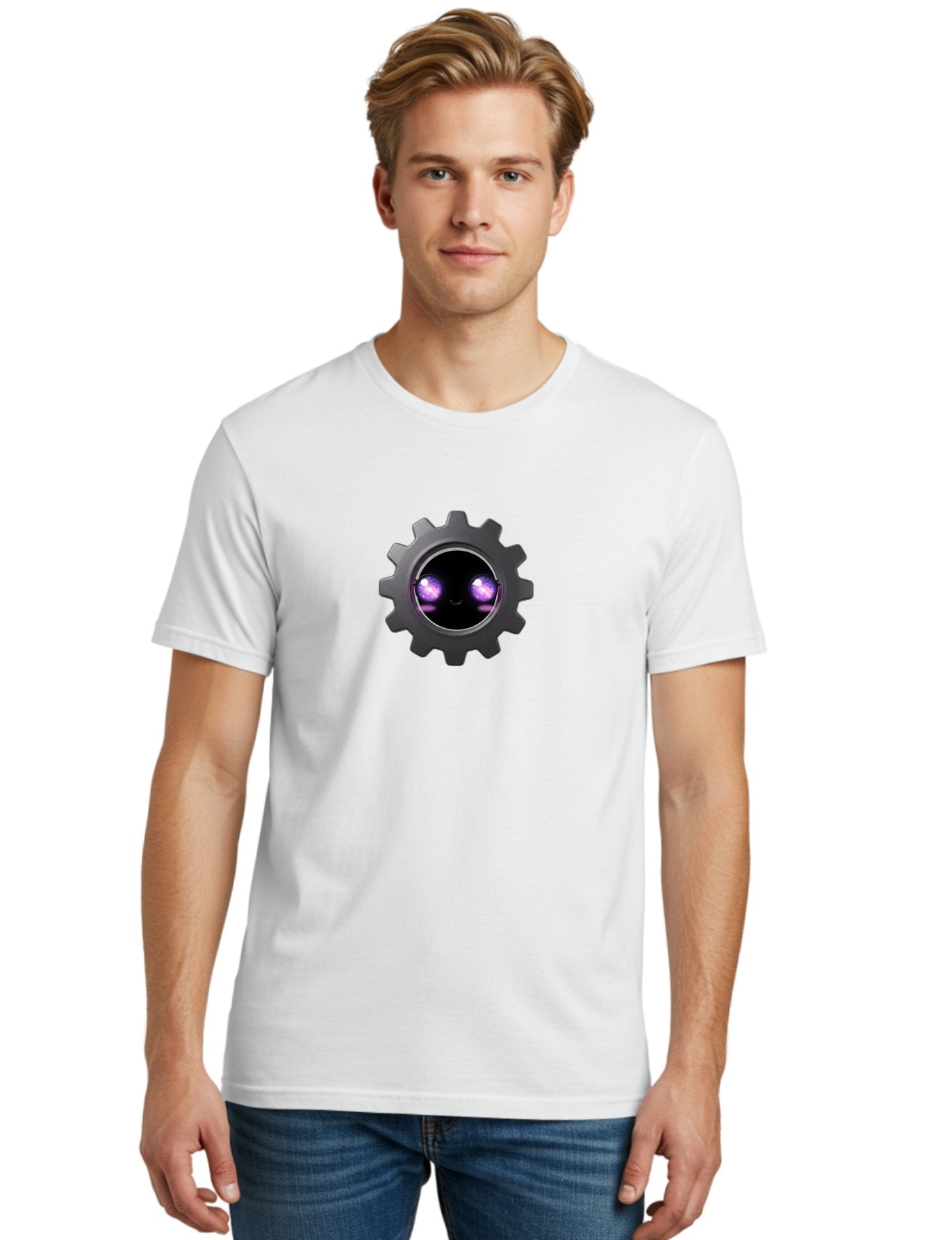 Gear-Robot-Face Men'S Graphic Tee, 100% Cotton, Comfortable Casual Summer Wear, Machine Washable, Industrial Gear, Mechanical Face, Glowing Purple Eyes, Robotics, Futuristic Machinery, Tech Innovation, Mechanical Engineering, Cybernetic Design Bad125 30