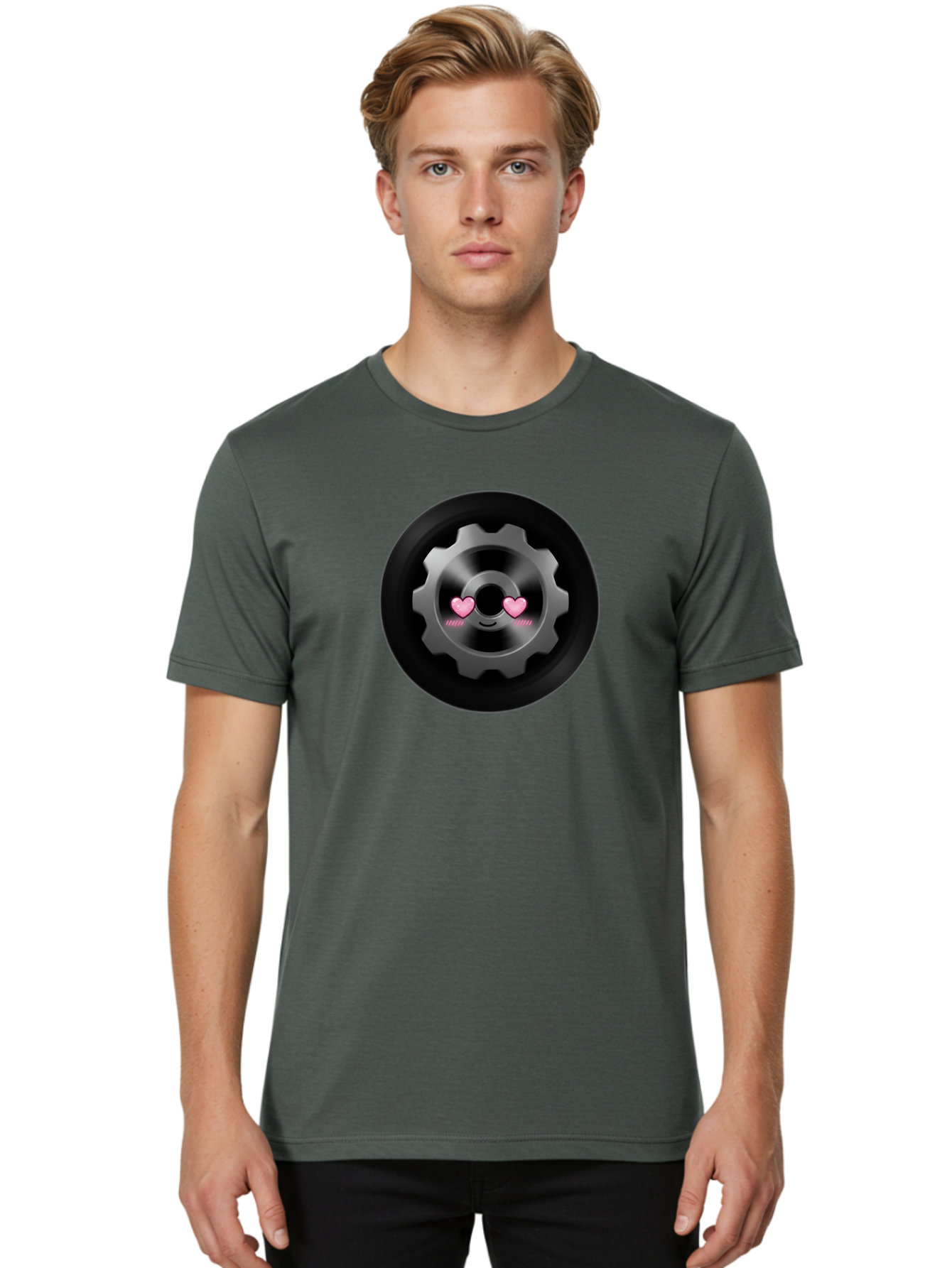 Gear Men'S Graphic Tee, 100% Cotton, Comfortable Casual Summer Wear, Machine Washable, Metal Gear, Heart Eyes, Love Symbol, Romantic Machinery, Cute Robotics, Heart-Shaped Eyes, Mechanical Love, Tech Emoticon Bad126 19