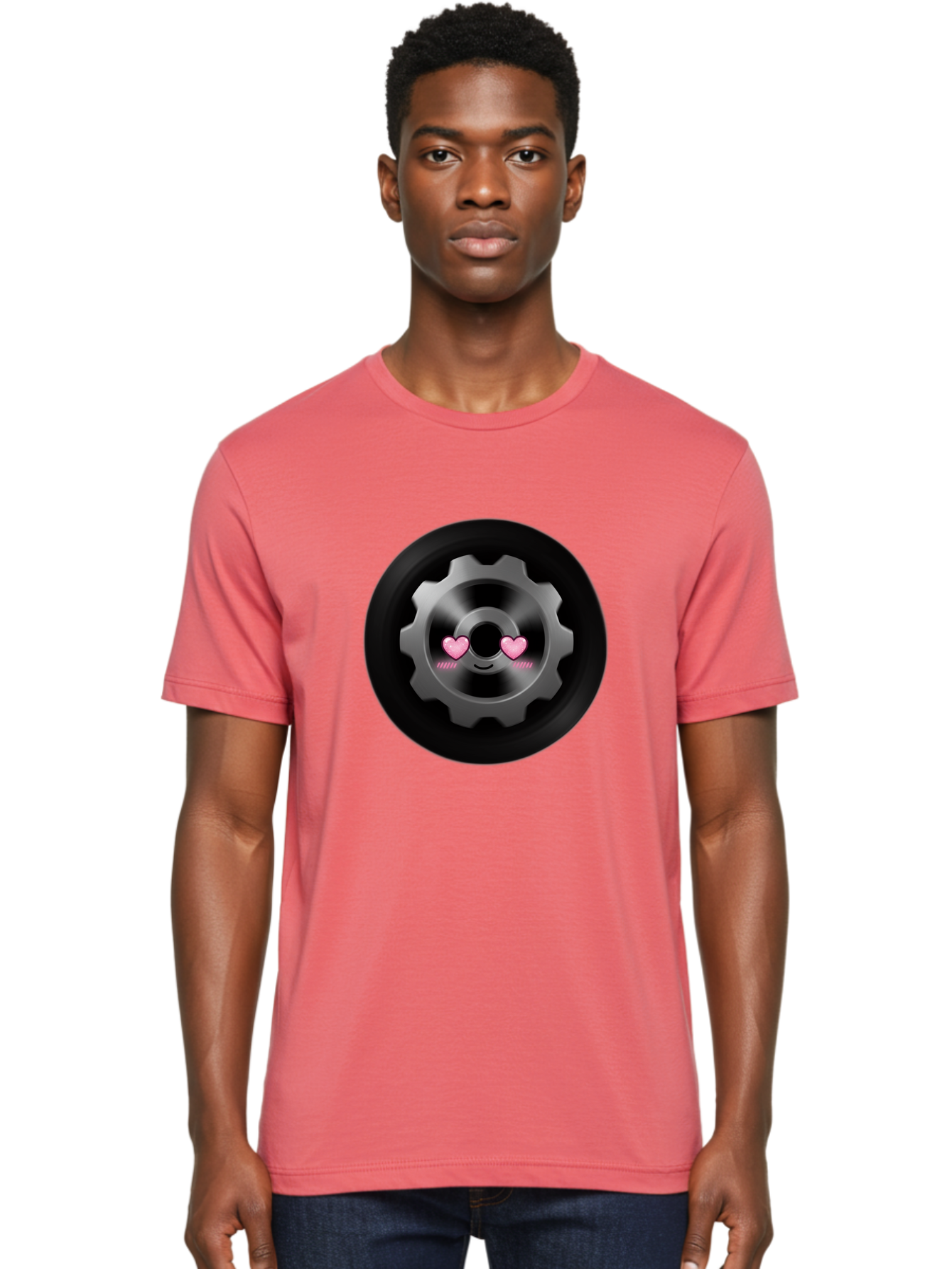 Gear Men'S Graphic Tee, 100% Cotton, Comfortable Casual Summer Wear, Machine Washable, Metal Gear, Heart Eyes, Love Symbol, Romantic Machinery, Cute Robotics, Heart-Shaped Eyes, Mechanical Love, Tech Emoticon Bad126 26
