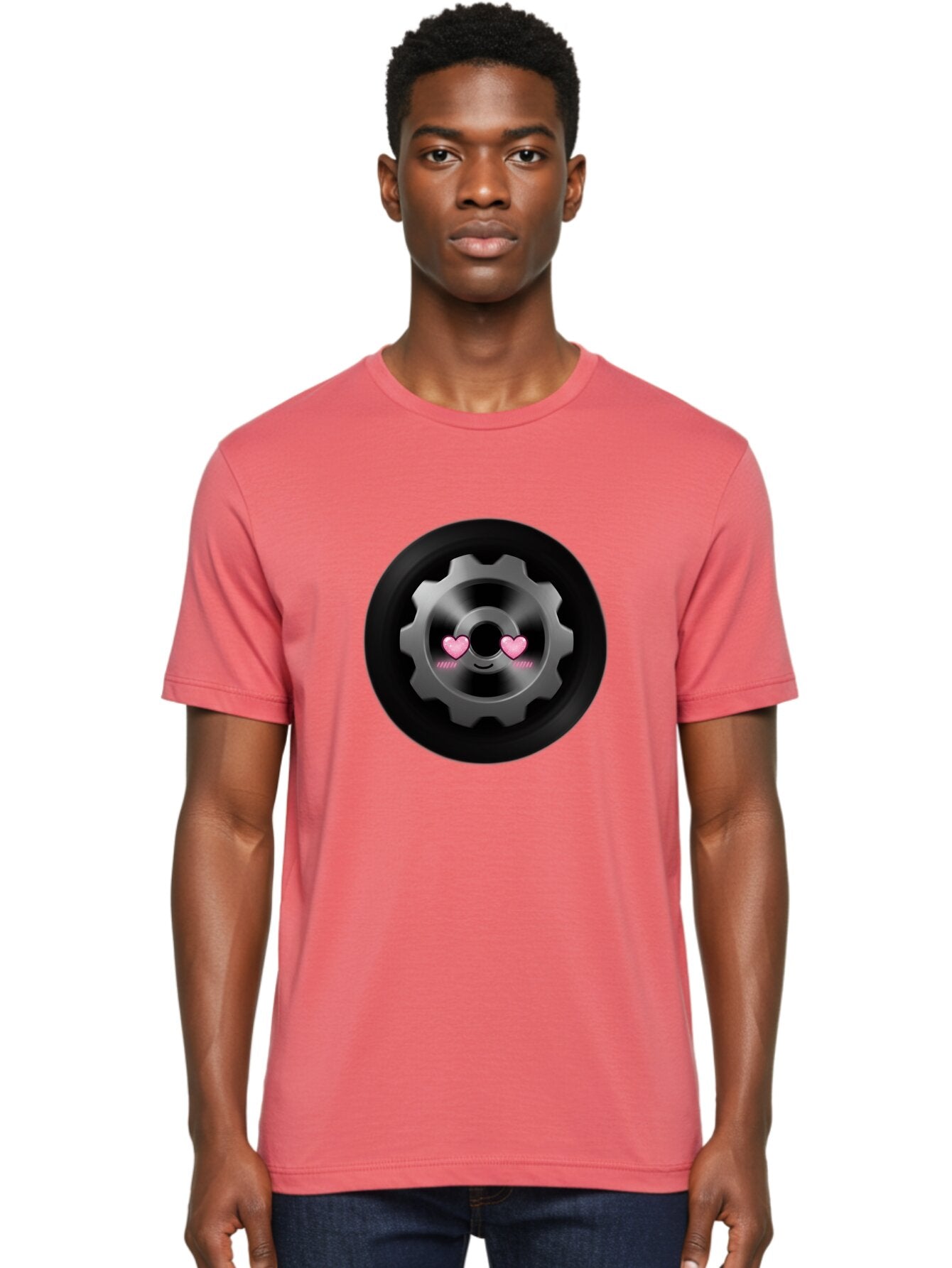 Gear Men'S Graphic Tee, 100% Cotton, Comfortable Casual Summer Wear, Machine Washable, Metal Gear, Heart Eyes, Love Symbol, Romantic Machinery, Cute Robotics, Heart-Shaped Eyes, Mechanical Love, Tech Emoticon Bad126 19