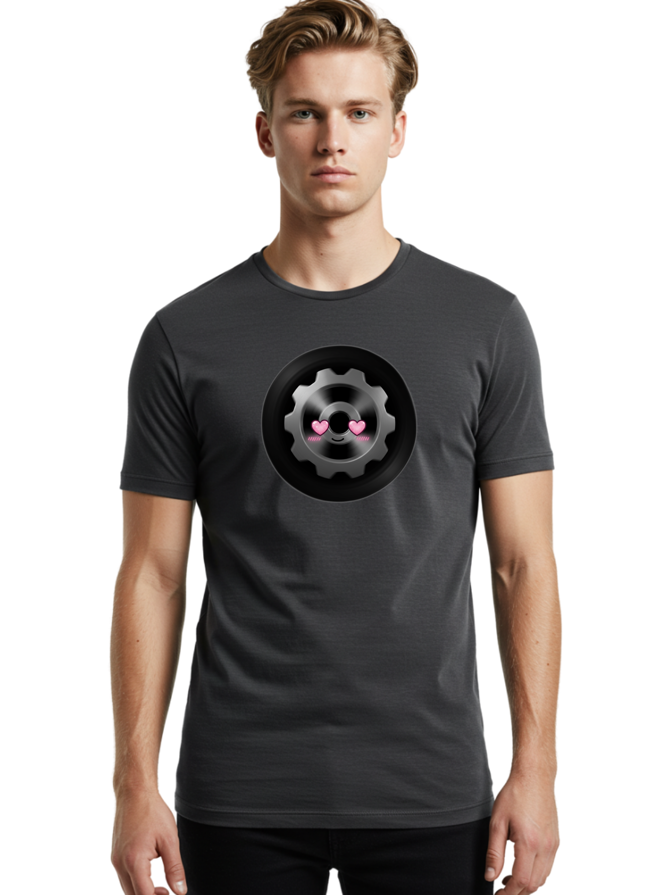 Gear Men'S Graphic Tee, 100% Cotton, Comfortable Casual Summer Wear, Machine Washable, Metal Gear, Heart Eyes, Love Symbol, Romantic Machinery, Cute Robotics, Heart-Shaped Eyes, Mechanical Love, Tech Emoticon Bad126 16