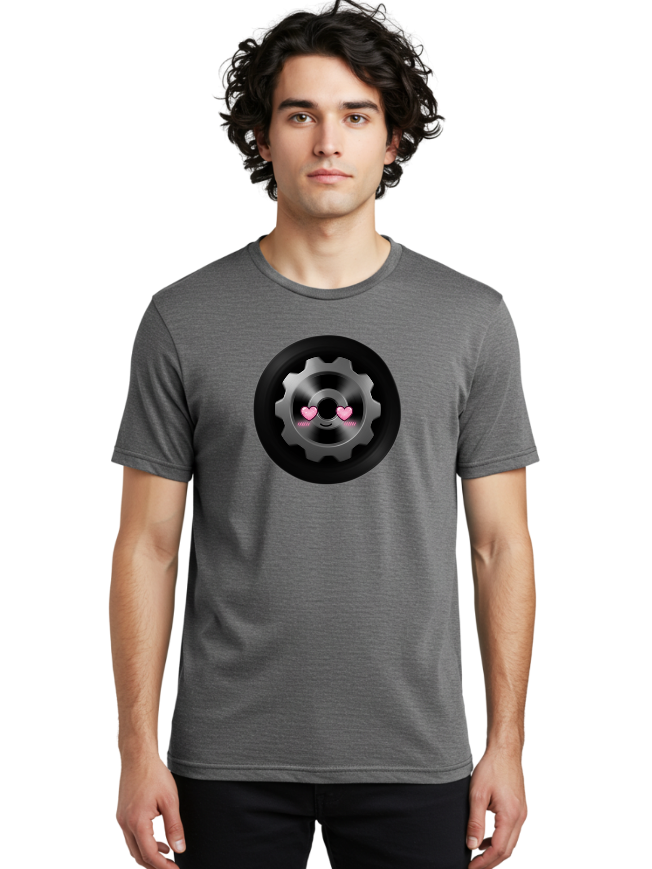 Gear Men'S Graphic Tee, 100% Cotton, Comfortable Casual Summer Wear, Machine Washable, Metal Gear, Heart Eyes, Love Symbol, Romantic Machinery, Cute Robotics, Heart-Shaped Eyes, Mechanical Love, Tech Emoticon Bad126 17