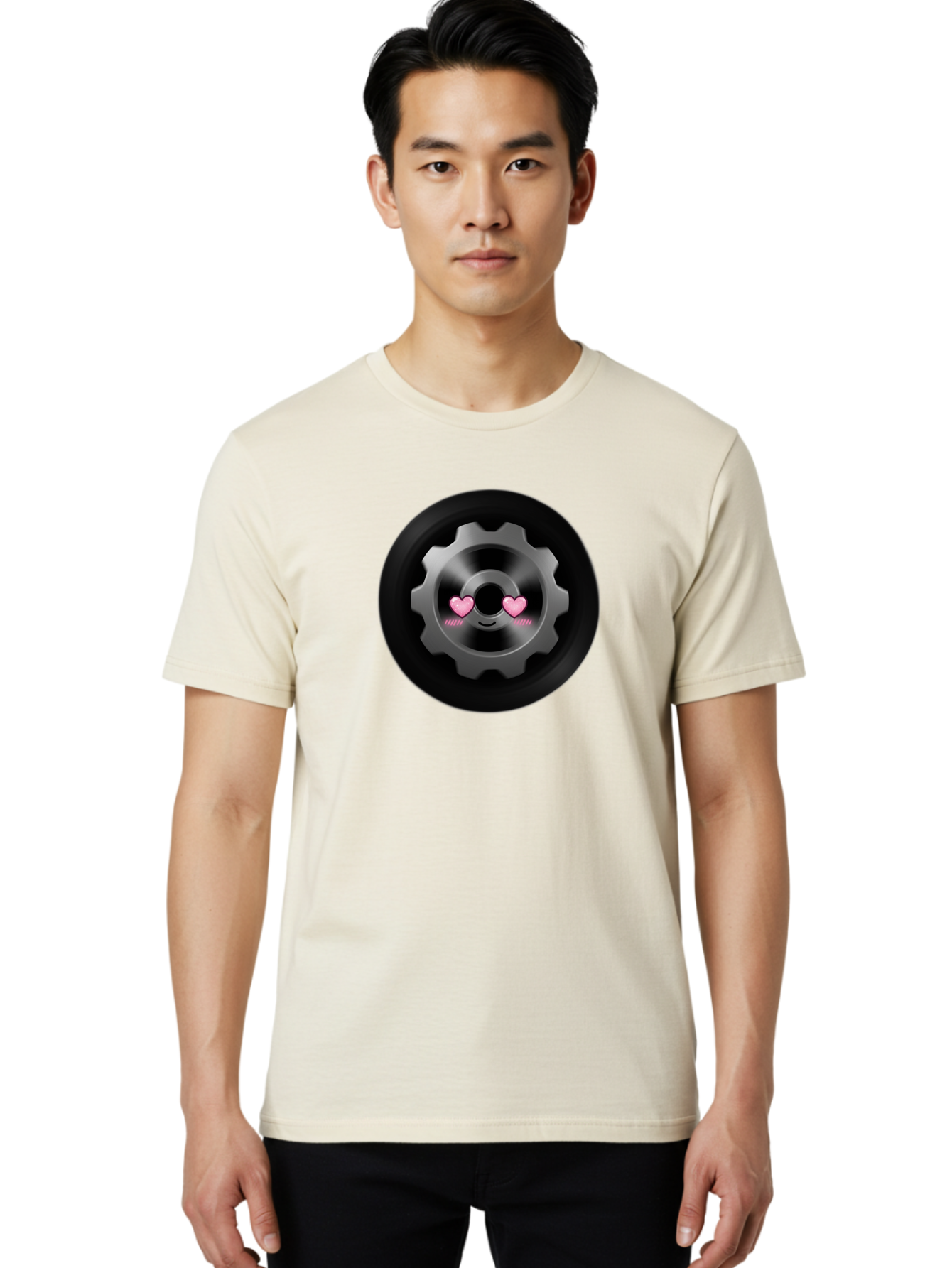 Gear Men'S Graphic Tee, 100% Cotton, Comfortable Casual Summer Wear, Machine Washable, Metal Gear, Heart Eyes, Love Symbol, Romantic Machinery, Cute Robotics, Heart-Shaped Eyes, Mechanical Love, Tech Emoticon Bad126 29