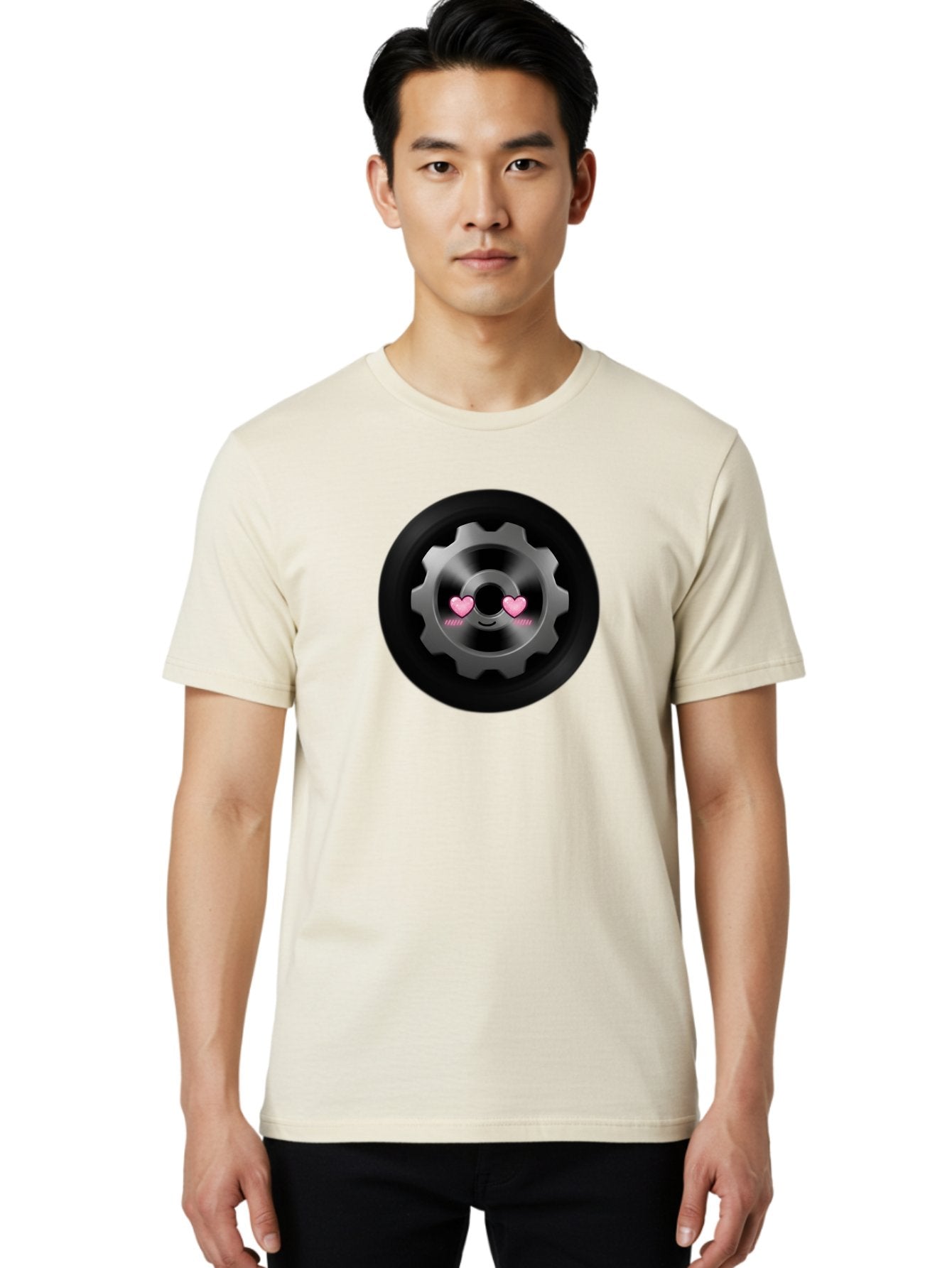 Gear Men'S Graphic Tee, 100% Cotton, Comfortable Casual Summer Wear, Machine Washable, Metal Gear, Heart Eyes, Love Symbol, Romantic Machinery, Cute Robotics, Heart-Shaped Eyes, Mechanical Love, Tech Emoticon Bad126 17
