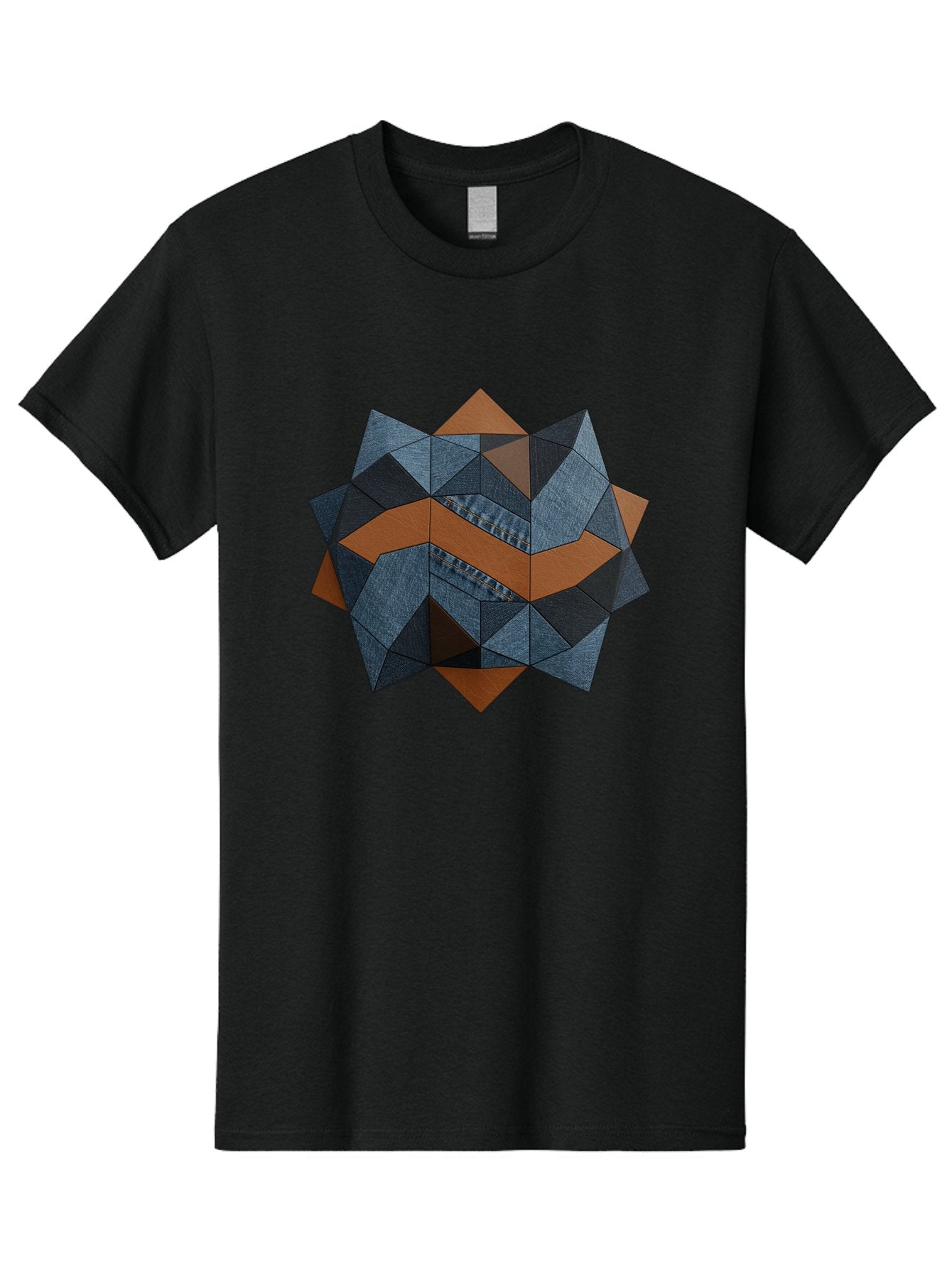 Geometric-Denim-Star Men'S Graphic Tee, 100% Cotton, Comfortable Casual Summer Wear, Machine Washable, Geometric Pattern, Denim Fabric, Abstract Design, Mixed Media Art, Layered Shapes, Blue Denim, Brown Accents, Intricate Details, Bad128