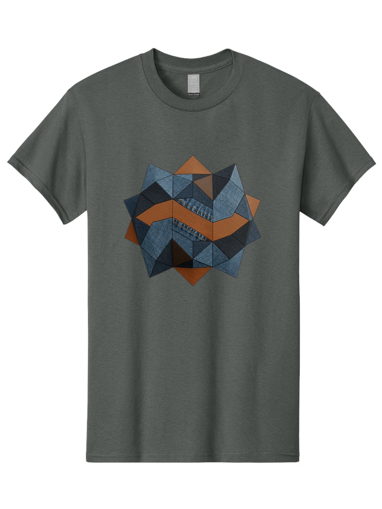Geometric-Denim-Star Men'S Graphic Tee, 100% Cotton, Comfortable Casual Summer Wear, Machine Washable, Geometric Pattern, Denim Fabric, Abstract Design, Mixed Media Art, Layered Shapes, Blue Denim, Brown Accents, Intricate Details, Bad128 12