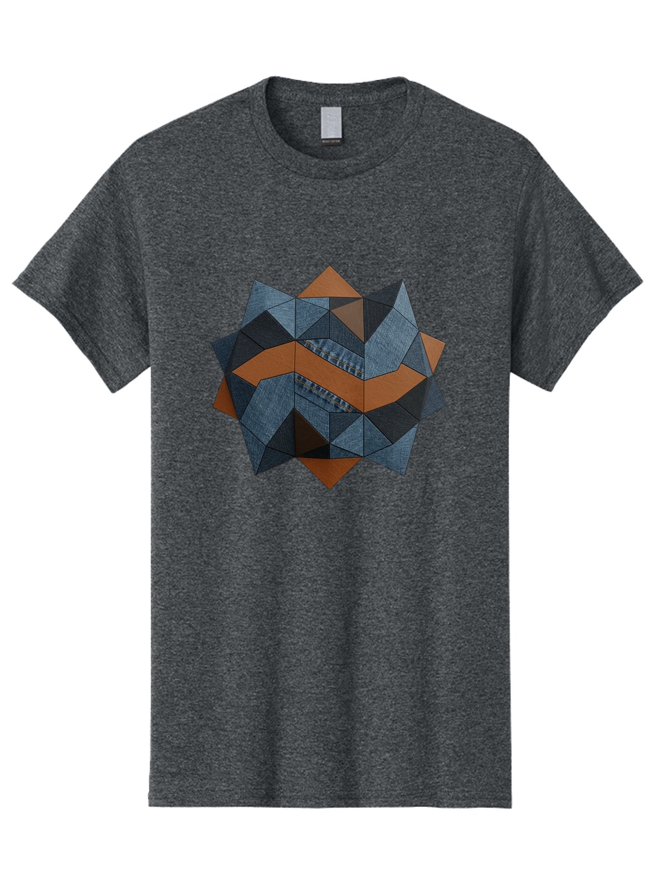 Geometric-Denim-Star Men'S Graphic Tee, 100% Cotton, Comfortable Casual Summer Wear, Machine Washable, Geometric Pattern, Denim Fabric, Abstract Design, Mixed Media Art, Layered Shapes, Blue Denim, Brown Accents, Intricate Details, Bad128 9