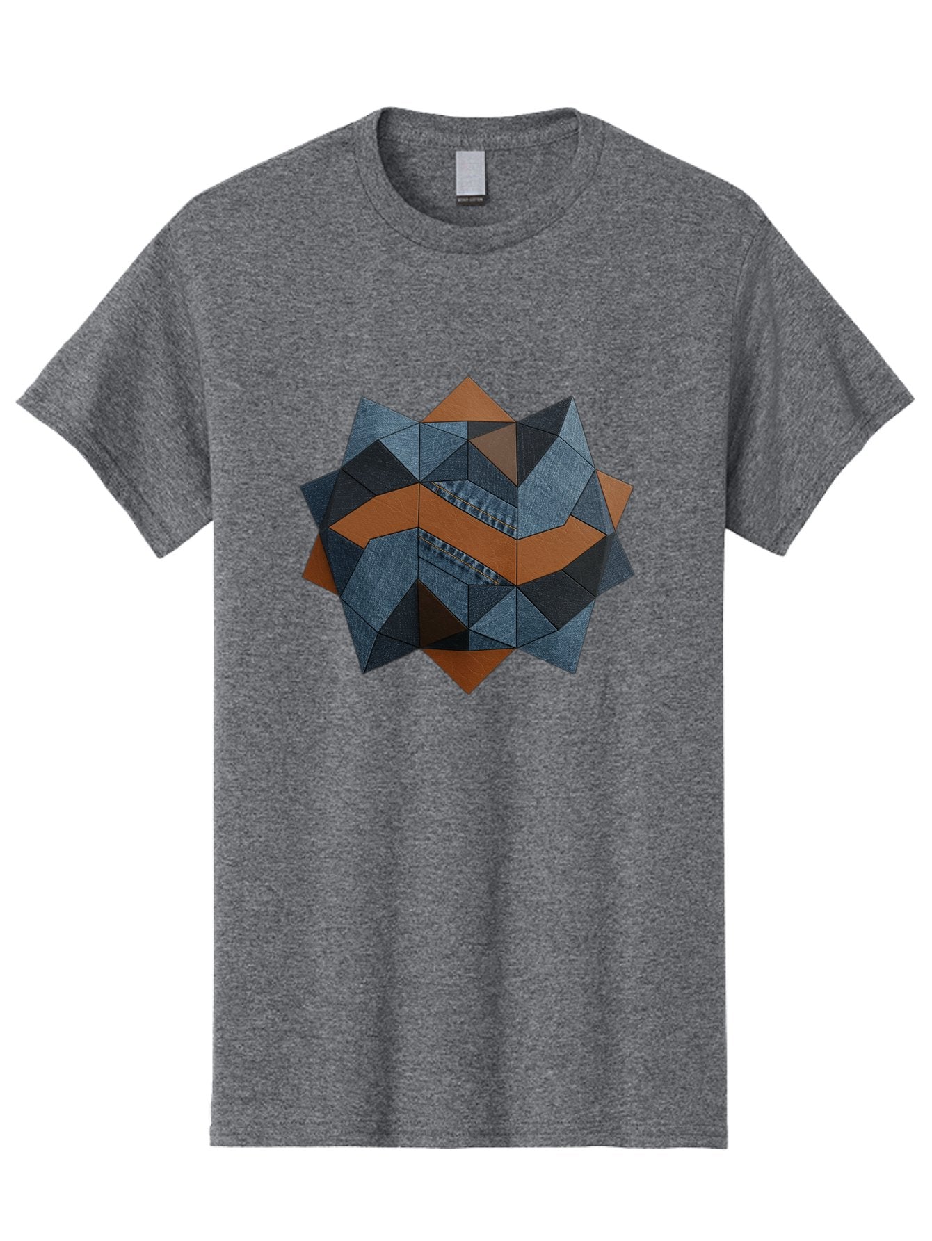 Geometric-Denim-Star Men'S Graphic Tee, 100% Cotton, Comfortable Casual Summer Wear, Machine Washable, Geometric Pattern, Denim Fabric, Abstract Design, Mixed Media Art, Layered Shapes, Blue Denim, Brown Accents, Intricate Details, Bad128 7