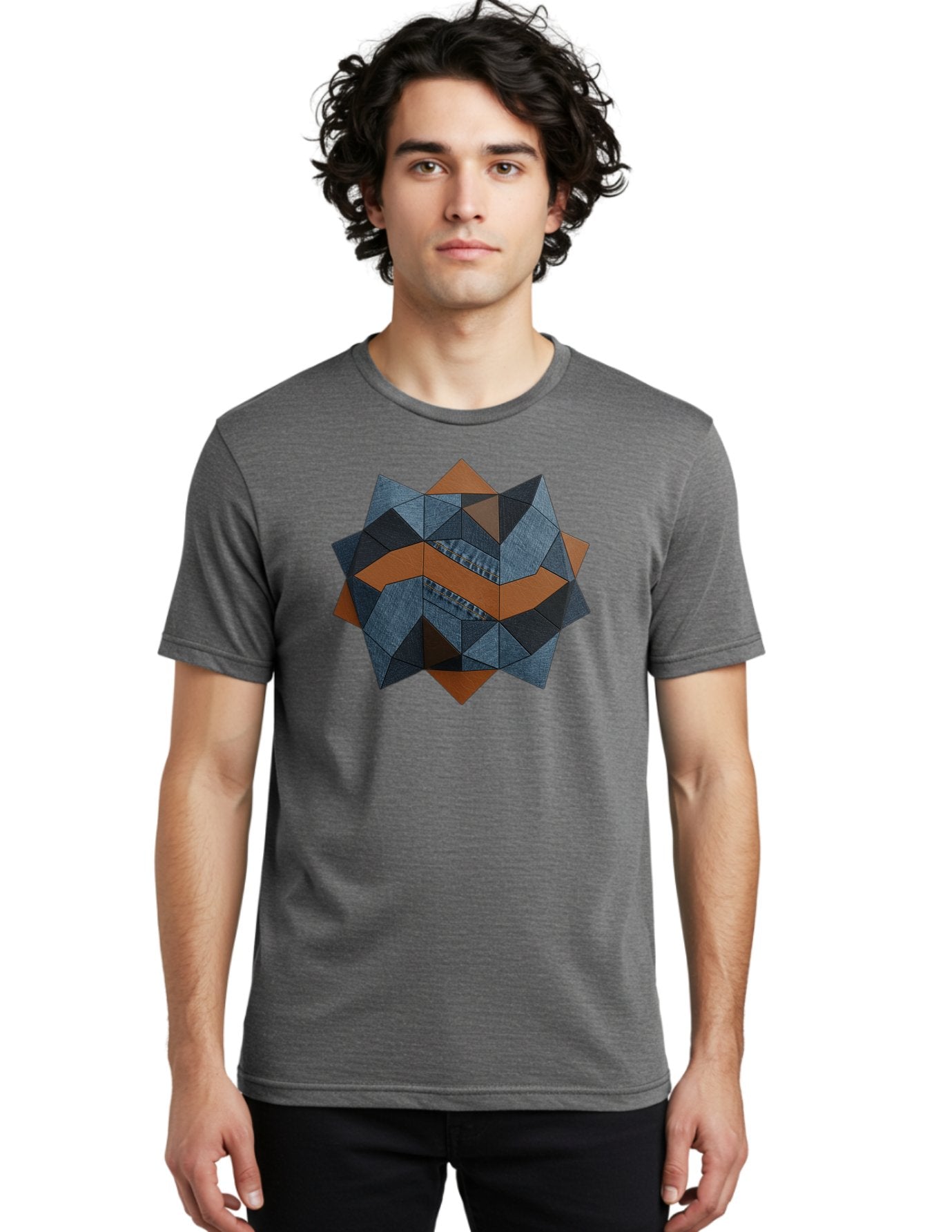 Geometric-Denim-Star Men'S Graphic Tee, 100% Cotton, Comfortable Casual Summer Wear, Machine Washable, Geometric Pattern, Denim Fabric, Abstract Design, Mixed Media Art, Layered Shapes, Blue Denim, Brown Accents, Intricate Details, Bad128 16