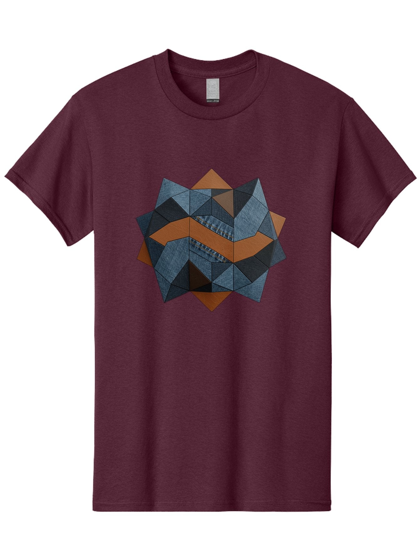 Geometric-Denim-Star Men'S Graphic Tee, 100% Cotton, Comfortable Casual Summer Wear, Machine Washable, Geometric Pattern, Denim Fabric, Abstract Design, Mixed Media Art, Layered Shapes, Blue Denim, Brown Accents, Intricate Details, Bad128 3