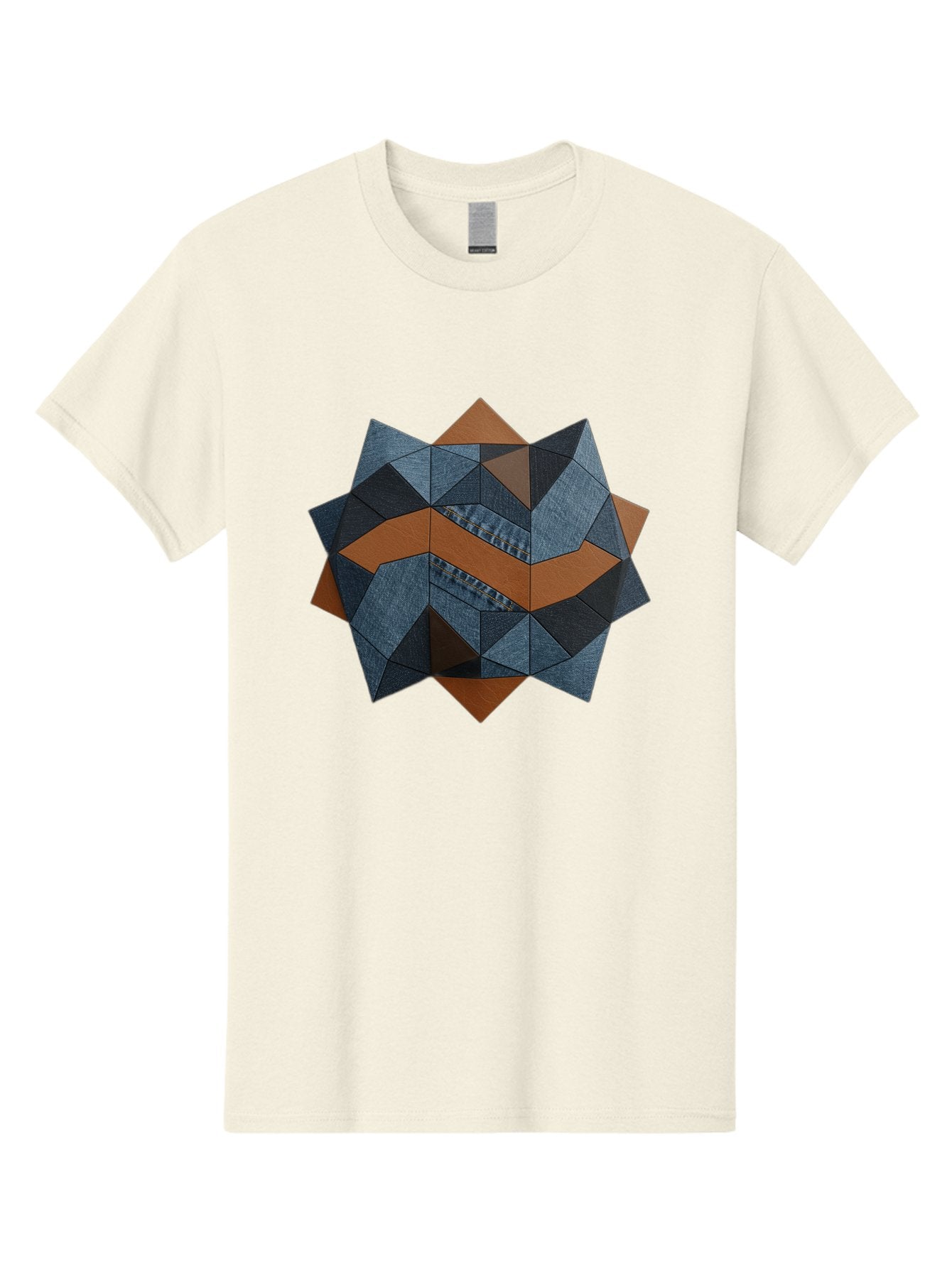 Geometric-Denim-Star Men'S Graphic Tee, 100% Cotton, Comfortable Casual Summer Wear, Machine Washable, Geometric Pattern, Denim Fabric, Abstract Design, Mixed Media Art, Layered Shapes, Blue Denim, Brown Accents, Intricate Details, Bad128 8