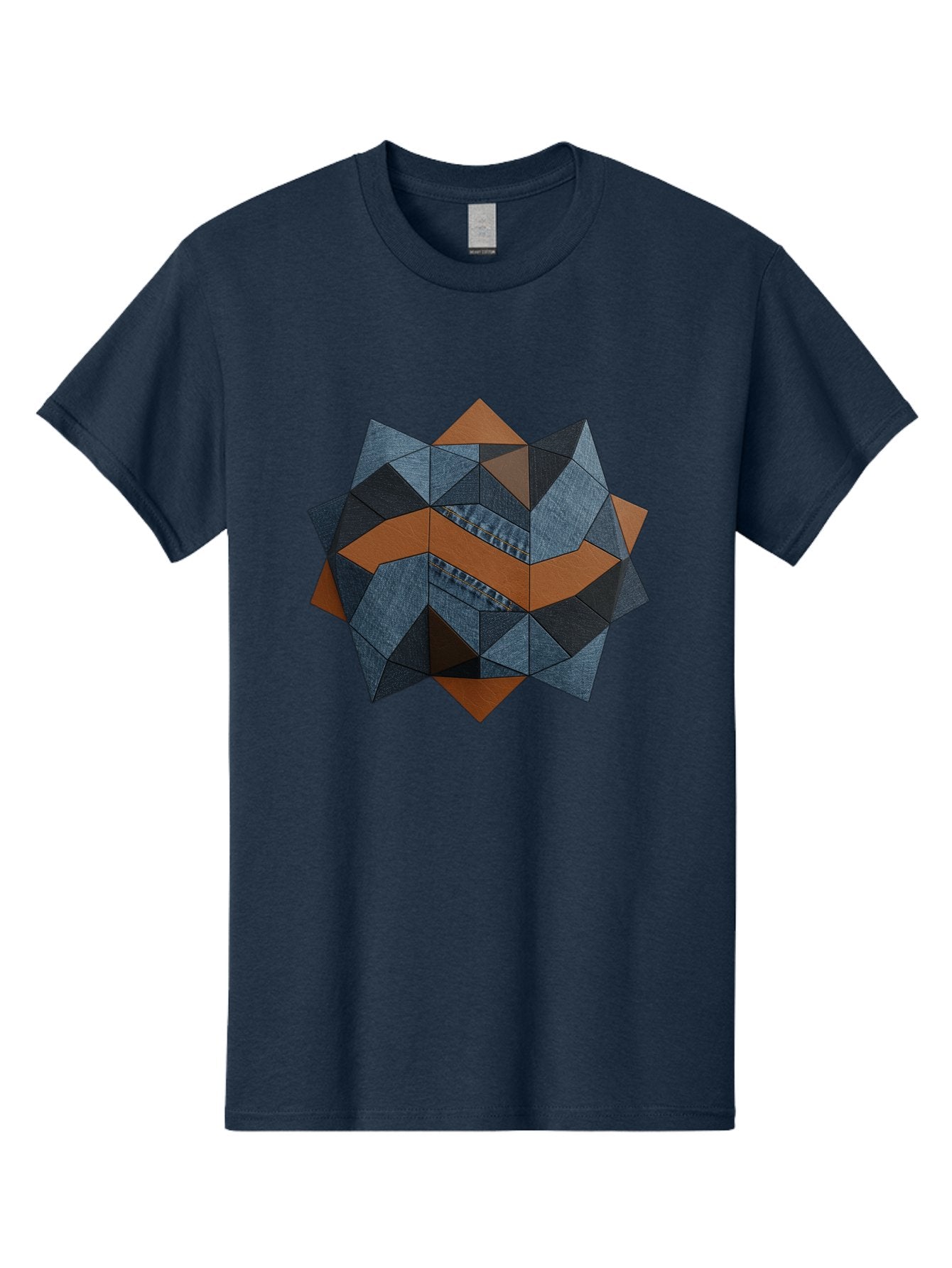 Geometric-Denim-Star Men'S Graphic Tee, 100% Cotton, Comfortable Casual Summer Wear, Machine Washable, Geometric Pattern, Denim Fabric, Abstract Design, Mixed Media Art, Layered Shapes, Blue Denim, Brown Accents, Intricate Details, Bad128 14