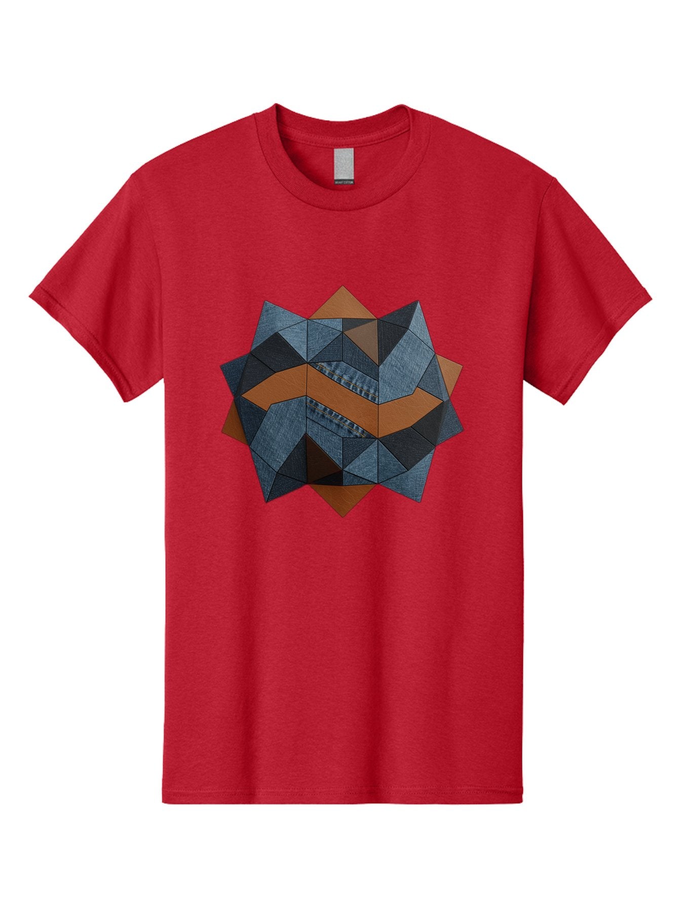Geometric-Denim-Star Men'S Graphic Tee, 100% Cotton, Comfortable Casual Summer Wear, Machine Washable, Geometric Pattern, Denim Fabric, Abstract Design, Mixed Media Art, Layered Shapes, Blue Denim, Brown Accents, Intricate Details, Bad128 15