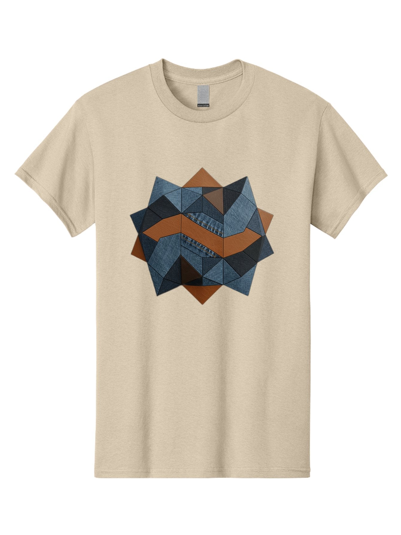 Geometric-Denim-Star Men'S Graphic Tee, 100% Cotton, Comfortable Casual Summer Wear, Machine Washable, Geometric Pattern, Denim Fabric, Abstract Design, Mixed Media Art, Layered Shapes, Blue Denim, Brown Accents, Intricate Details, Bad128 6