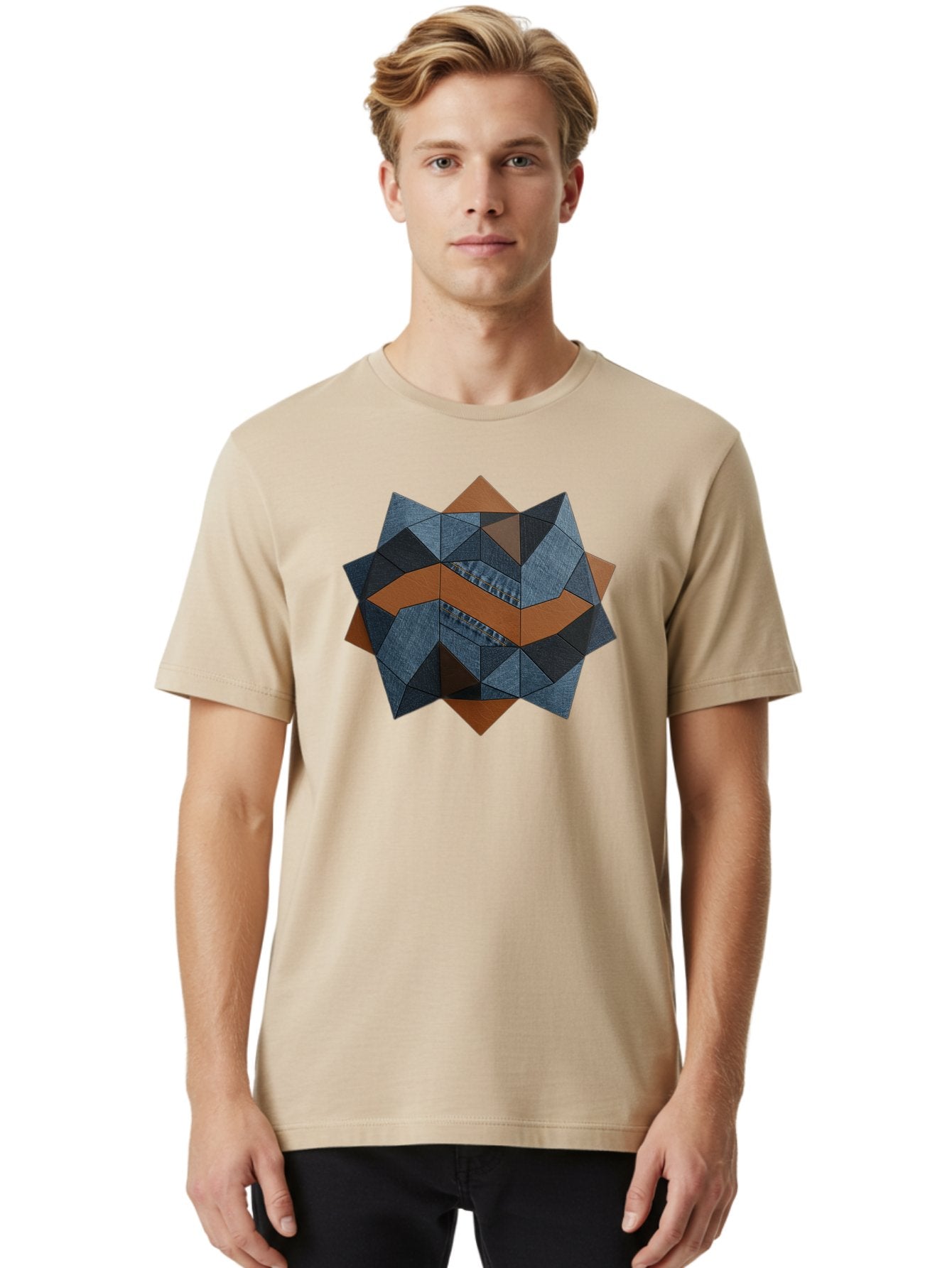 Geometric-Denim-Star Men'S Graphic Tee, 100% Cotton, Comfortable Casual Summer Wear, Machine Washable, Geometric Pattern, Denim Fabric, Abstract Design, Mixed Media Art, Layered Shapes, Blue Denim, Brown Accents, Intricate Details, Bad128 24