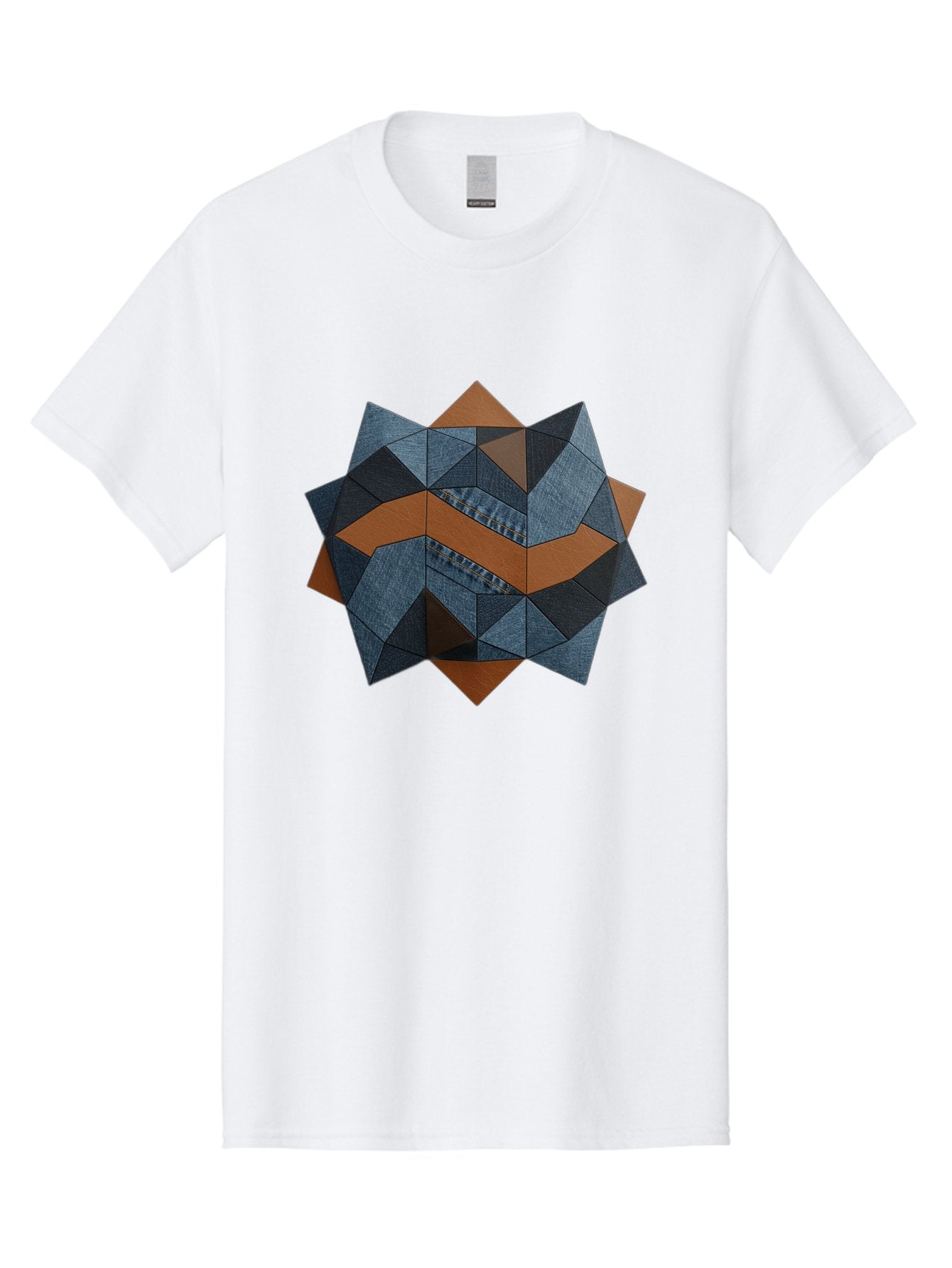 Geometric-Denim-Star Men'S Graphic Tee, 100% Cotton, Comfortable Casual Summer Wear, Machine Washable, Geometric Pattern, Denim Fabric, Abstract Design, Mixed Media Art, Layered Shapes, Blue Denim, Brown Accents, Intricate Details, Bad128 4