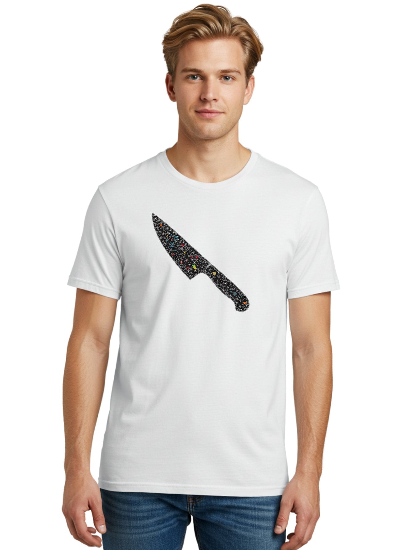Geometric-Knife Men'S Graphic Tee, 100% Cotton, Comfortable Casual Summer Wear, Machine Washable, Low Poly Knife, Geometric Pattern, 3D Design, Colorful Accents, Modern Style, Abstract Art, Futuristic Look, Sharp Edge, Digital Illustration Bad129 22