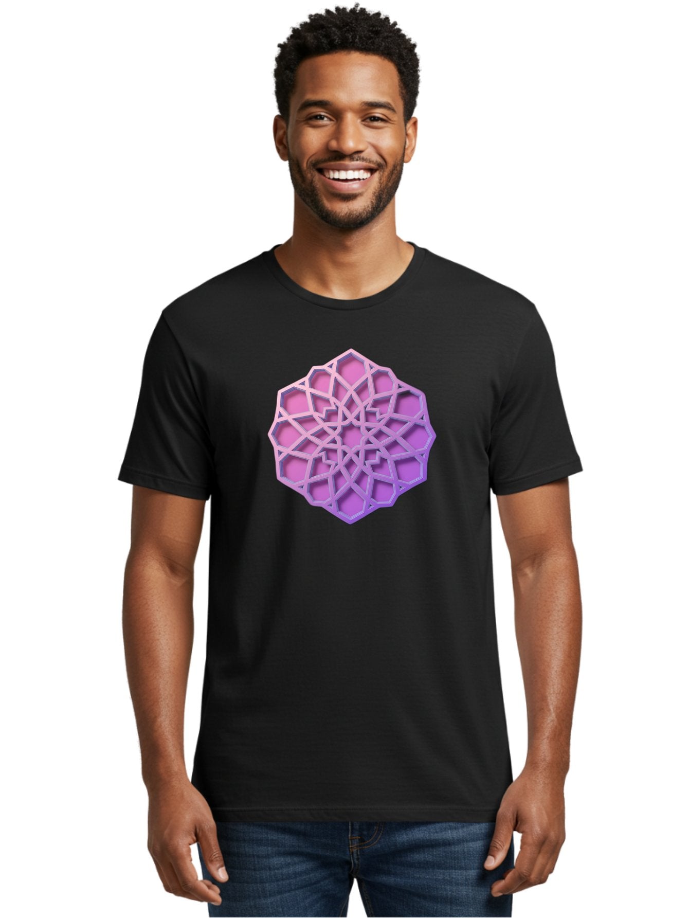 Geometric-Shape Men'S Graphic Tee, 100% Cotton, Comfortable Casual Summer Wear, Machine Washable, Geometric Shape, 3D Design, Pink And Purple Gradations, Intricate Patterns, Abstract Art, Layered Structures, Digital Rendering, Bad131 26