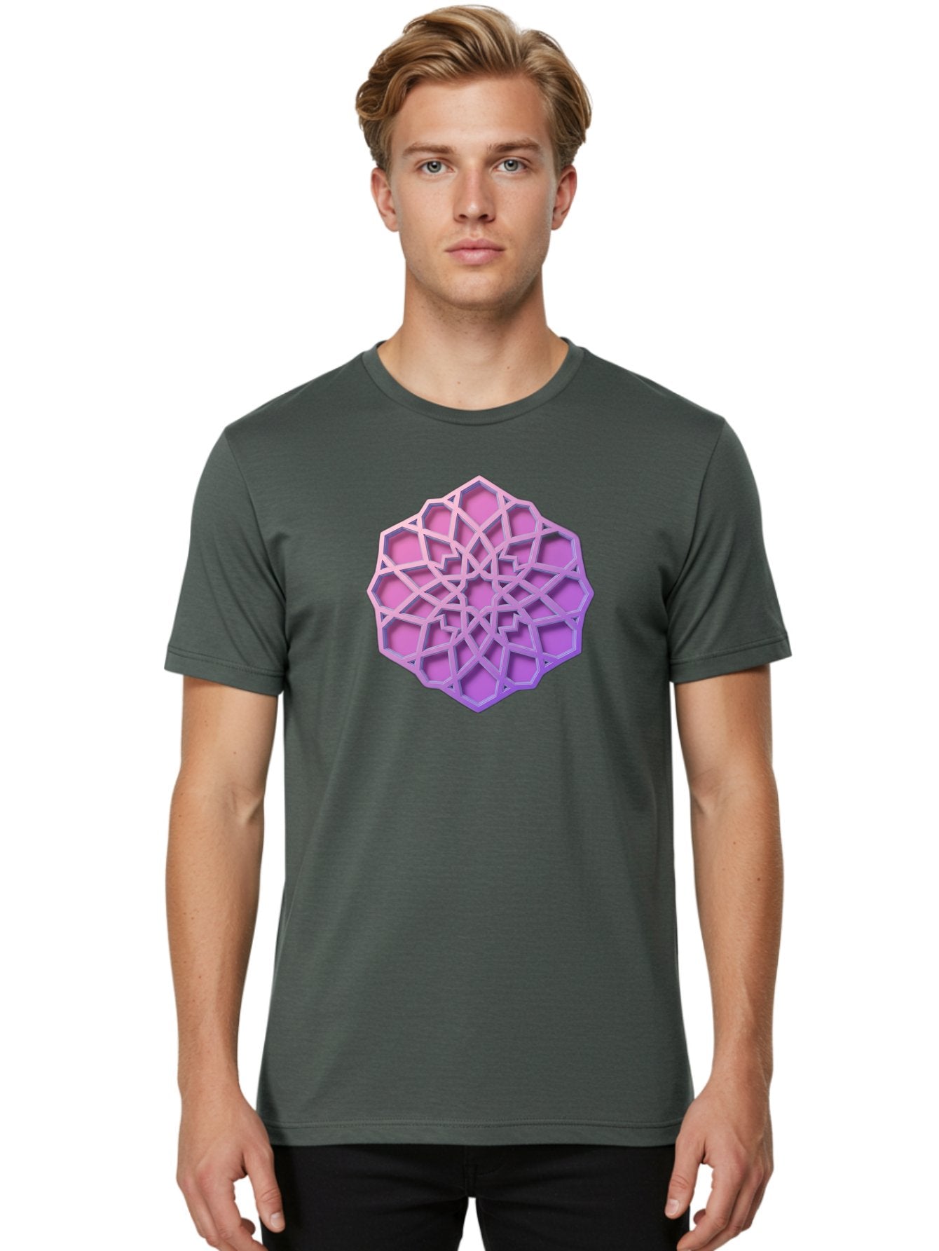 Geometric-Shape Men'S Graphic Tee, 100% Cotton, Comfortable Casual Summer Wear, Machine Washable, Geometric Shape, 3D Design, Pink And Purple Gradations, Intricate Patterns, Abstract Art, Layered Structures, Digital Rendering, Bad131 24