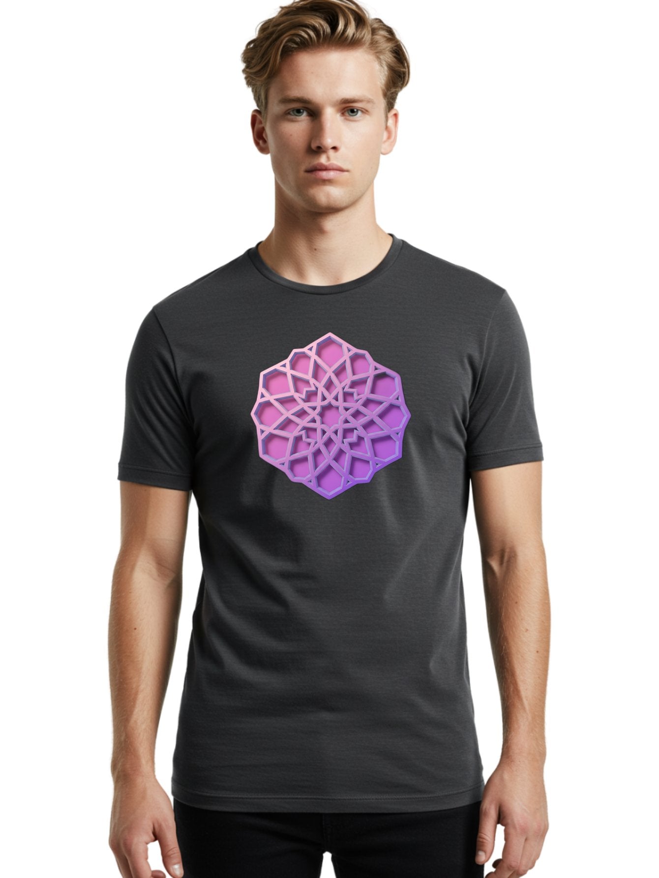 Geometric-Shape Men'S Graphic Tee, 100% Cotton, Comfortable Casual Summer Wear, Machine Washable, Geometric Shape, 3D Design, Pink And Purple Gradations, Intricate Patterns, Abstract Art, Layered Structures, Digital Rendering, Bad131 19