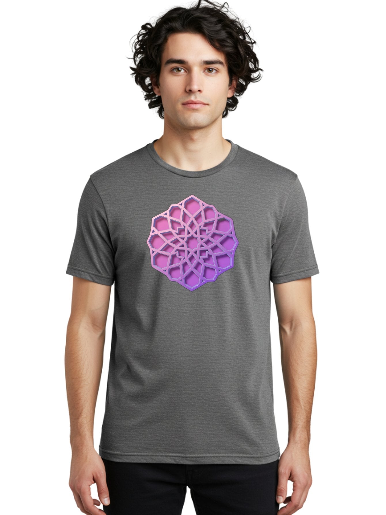 Geometric-Shape Men'S Graphic Tee, 100% Cotton, Comfortable Casual Summer Wear, Machine Washable, Geometric Shape, 3D Design, Pink And Purple Gradations, Intricate Patterns, Abstract Art, Layered Structures, Digital Rendering, Bad131 22