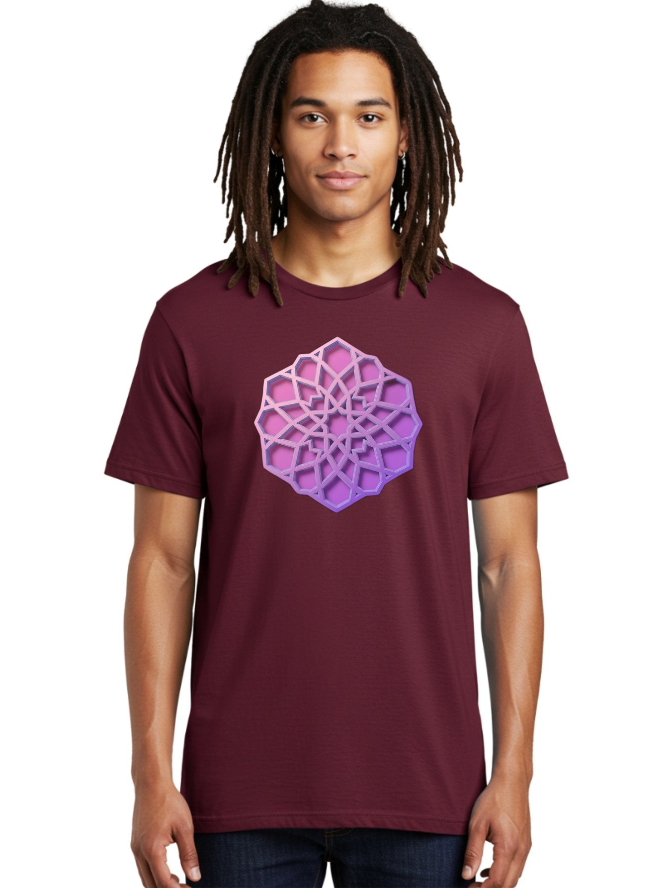Geometric-Shape Men'S Graphic Tee, 100% Cotton, Comfortable Casual Summer Wear, Machine Washable, Geometric Shape, 3D Design, Pink And Purple Gradations, Intricate Patterns, Abstract Art, Layered Structures, Digital Rendering, Bad131 16