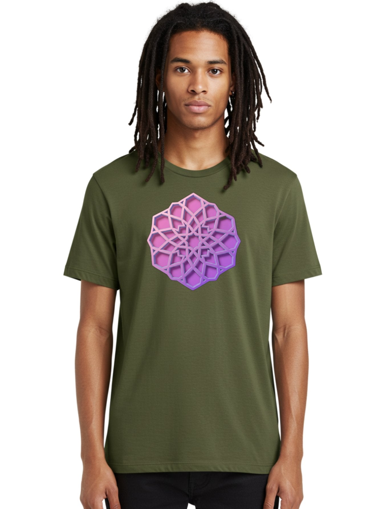 Geometric-Shape Men'S Graphic Tee, 100% Cotton, Comfortable Casual Summer Wear, Machine Washable, Geometric Shape, 3D Design, Pink And Purple Gradations, Intricate Patterns, Abstract Art, Layered Structures, Digital Rendering, Bad131 27