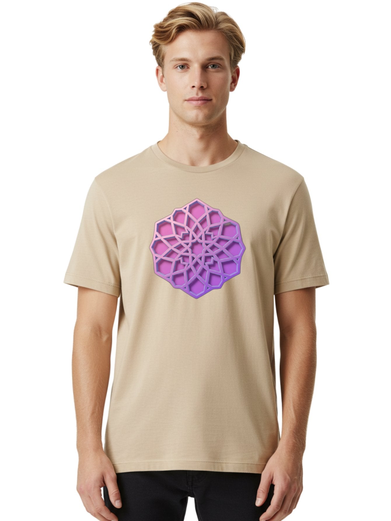 Geometric-Shape Men'S Graphic Tee, 100% Cotton, Comfortable Casual Summer Wear, Machine Washable, Geometric Shape, 3D Design, Pink And Purple Gradations, Intricate Patterns, Abstract Art, Layered Structures, Digital Rendering, Bad131 25