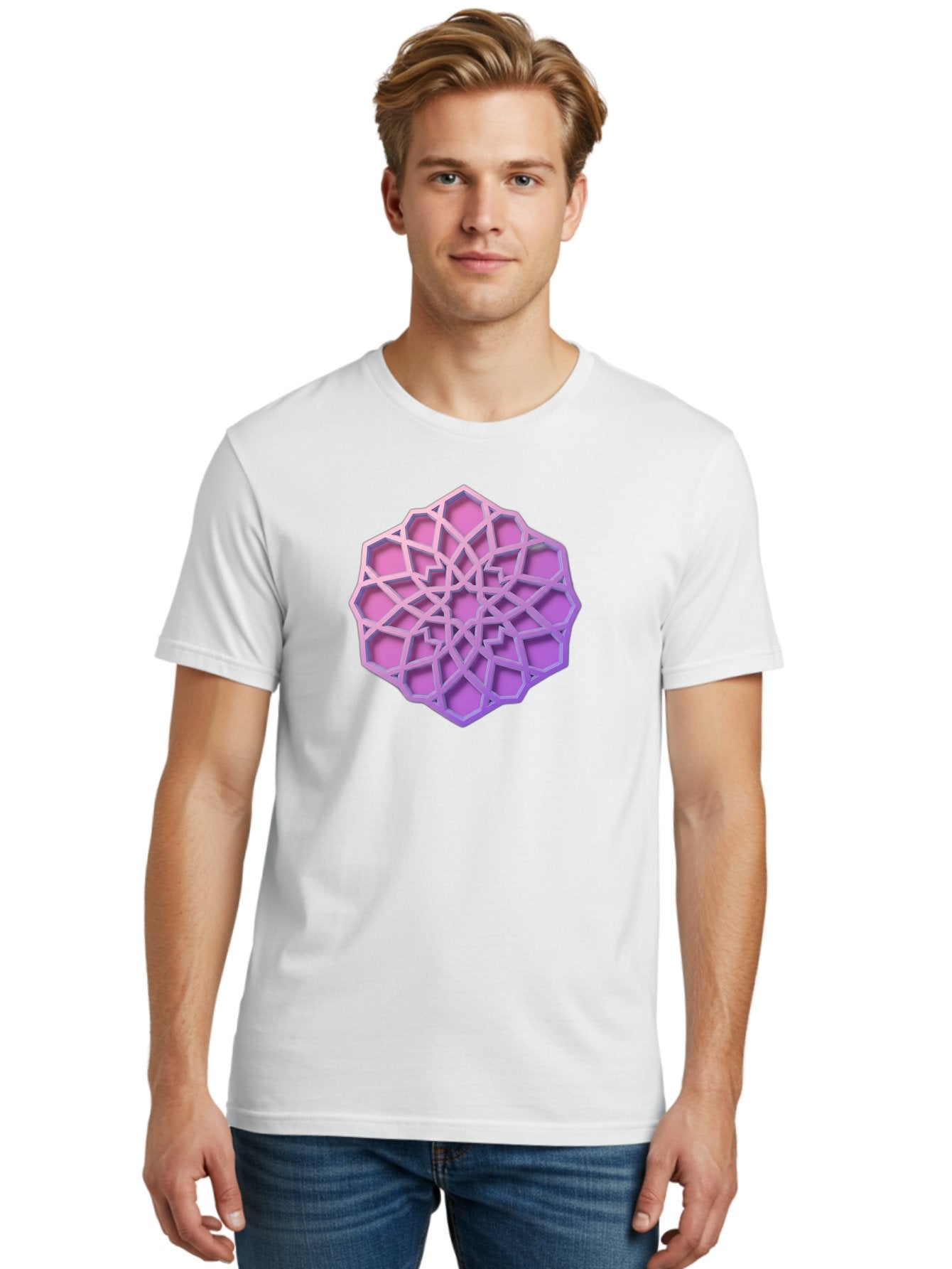 Geometric-Shape Men'S Graphic Tee, 100% Cotton, Comfortable Casual Summer Wear, Machine Washable, Geometric Shape, 3D Design, Pink And Purple Gradations, Intricate Patterns, Abstract Art, Layered Structures, Digital Rendering, Bad131 20