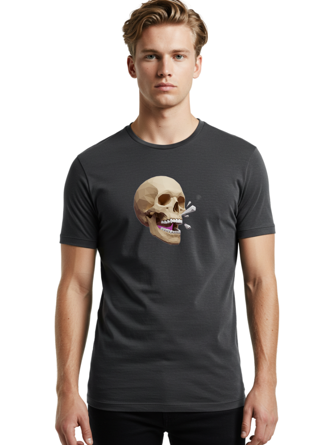 Geometric-Skull Men'S Graphic Tee, 100% Cotton, Comfortable Casual Summer Wear, Machine Washable, Low Poly Skull, 3D Art, Digital Illustration, Broken Tooth, Exploding Tooth, Human Skull, Anatomical Art, Polygon Art, Modern Design, Bad132 17
