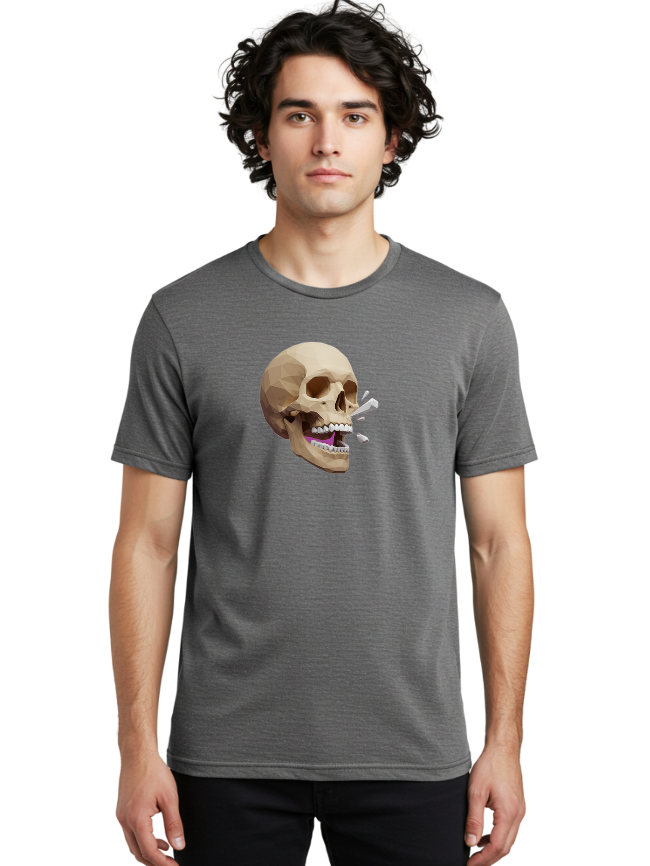 Geometric-Skull Men'S Graphic Tee, 100% Cotton, Comfortable Casual Summer Wear, Machine Washable, Low Poly Skull, 3D Art, Digital Illustration, Broken Tooth, Exploding Tooth, Human Skull, Anatomical Art, Polygon Art, Modern Design, Bad132 20