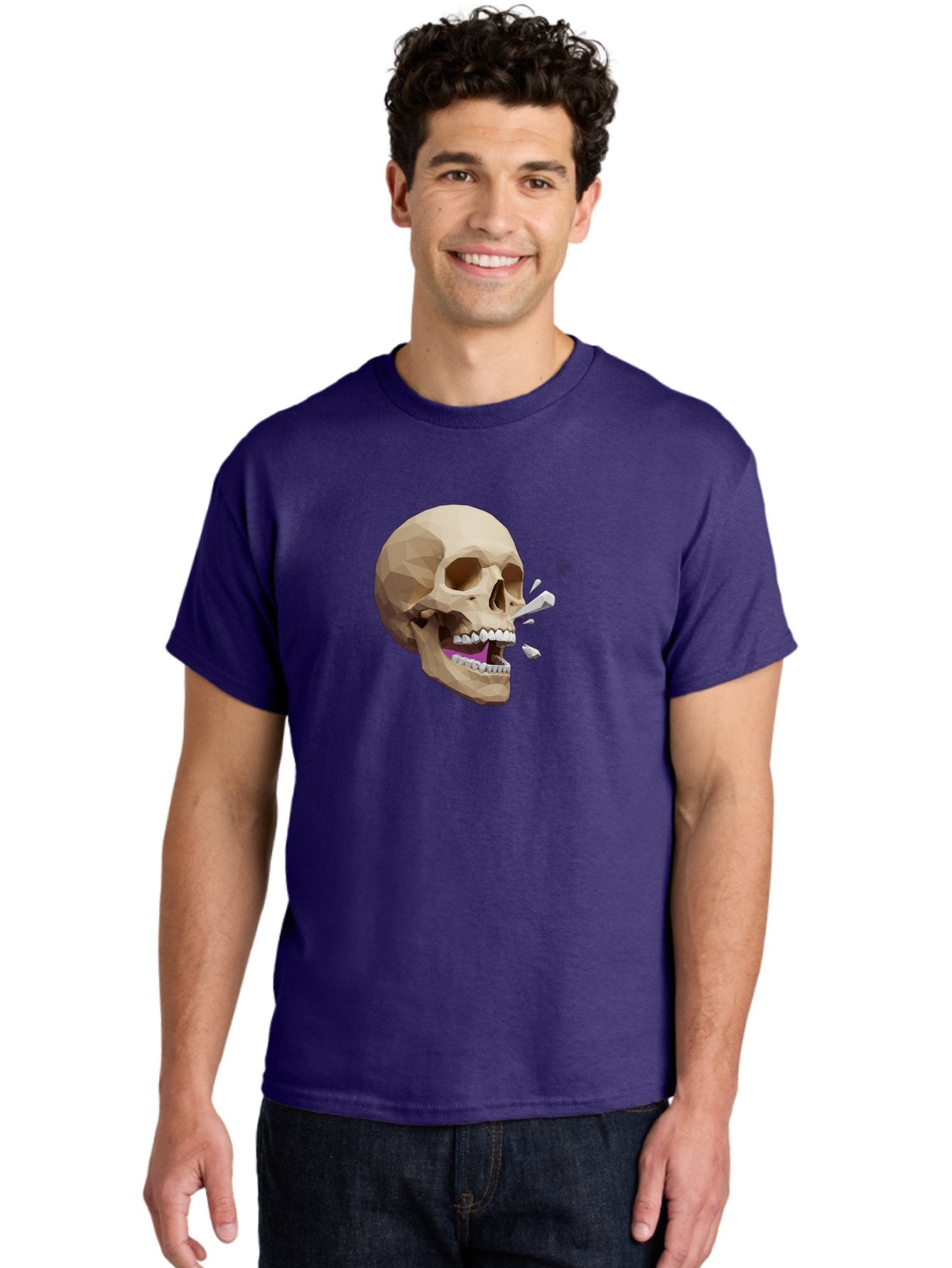Geometric-Skull Men'S Graphic Tee, 100% Cotton, Comfortable Casual Summer Wear, Machine Washable, Low Poly Skull, 3D Art, Digital Illustration, Broken Tooth, Exploding Tooth, Human Skull, Anatomical Art, Polygon Art, Modern Design, Bad132 17