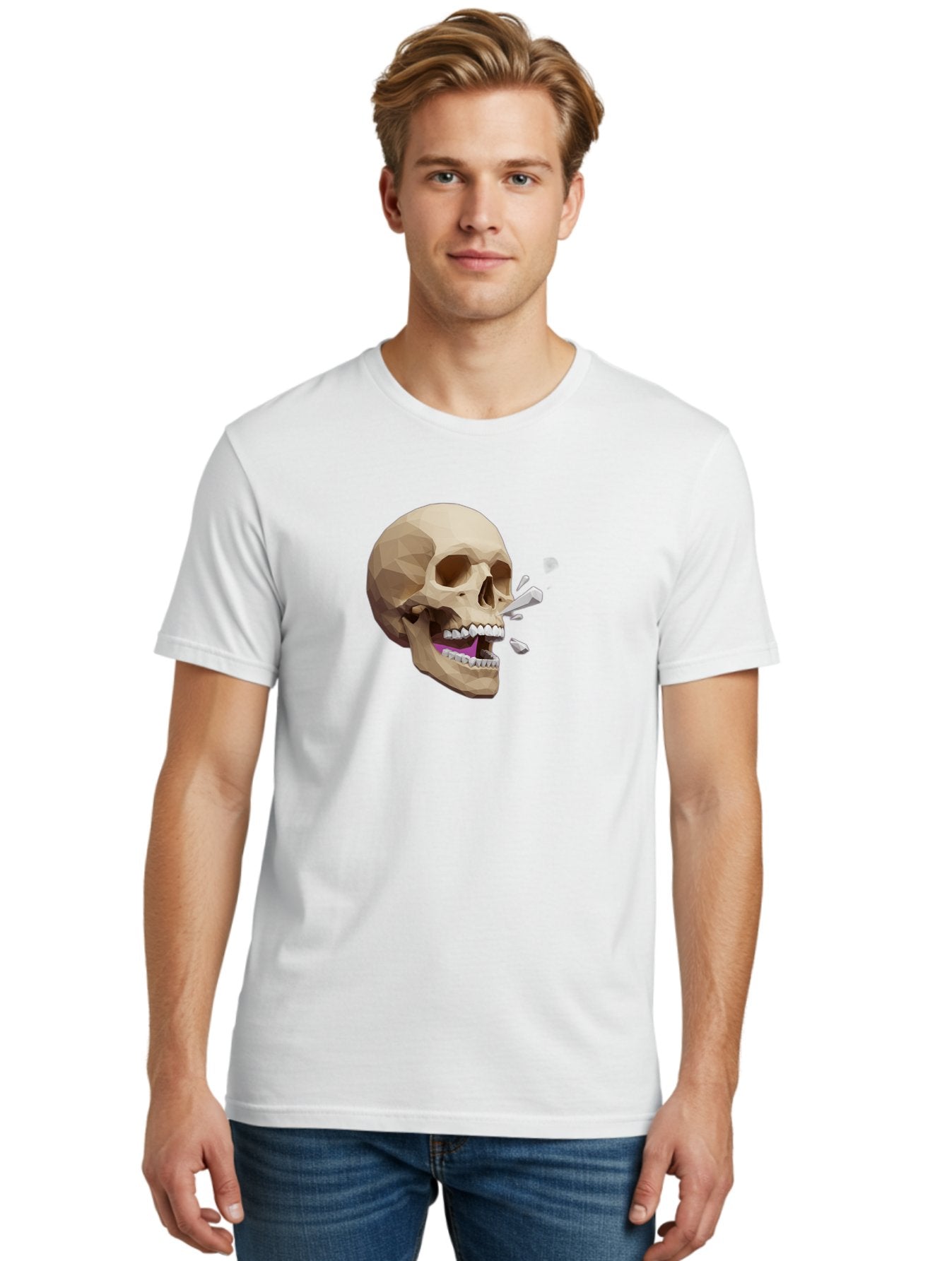 Geometric-Skull Men'S Graphic Tee, 100% Cotton, Comfortable Casual Summer Wear, Machine Washable, Low Poly Skull, 3D Art, Digital Illustration, Broken Tooth, Exploding Tooth, Human Skull, Anatomical Art, Polygon Art, Modern Design, Bad132 18