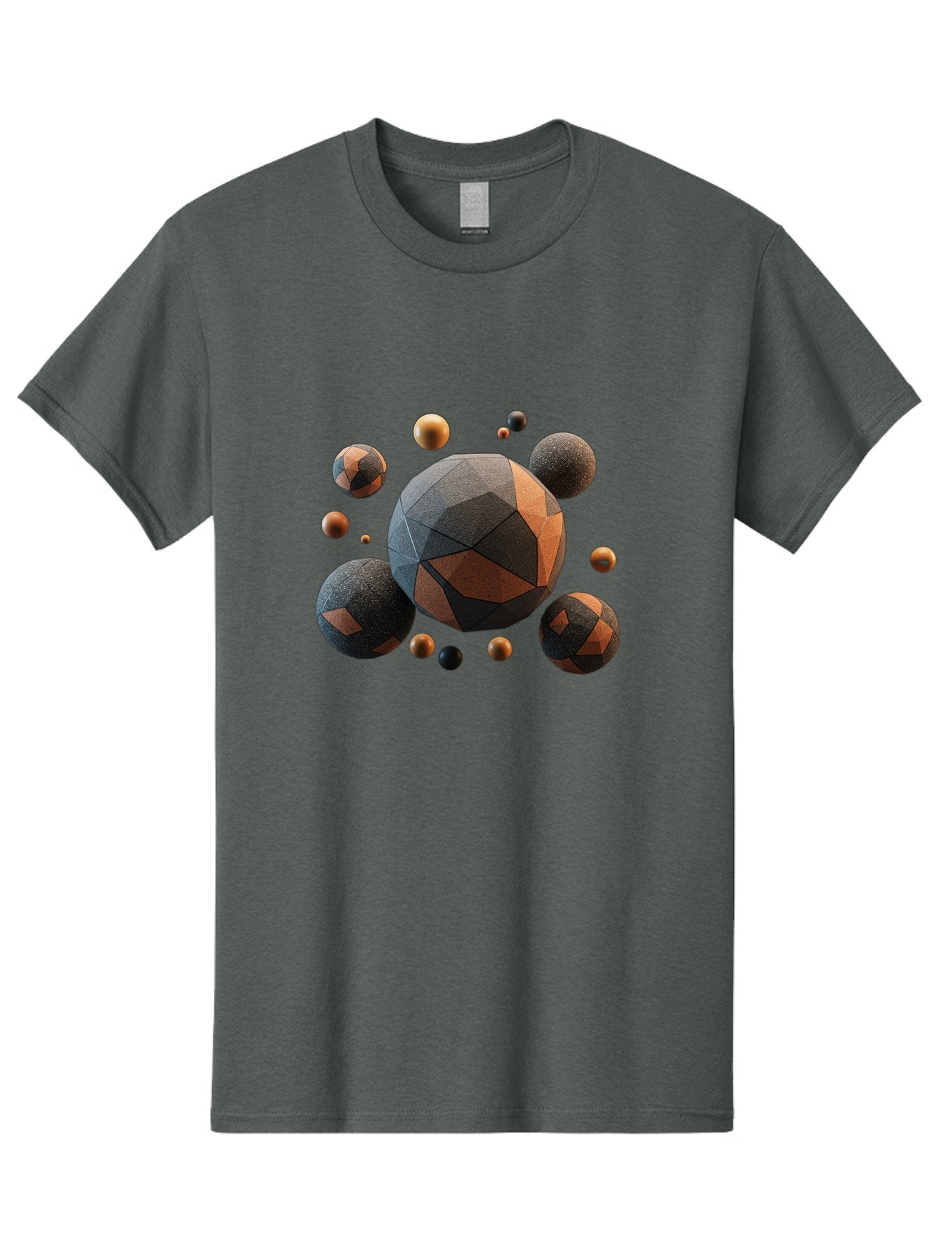Geometric-Spheres Men'S Graphic Tee, 100% Cotton, Comfortable Casual Summer Wear, Machine Washable, Geometric Shapes, 3D Rendering, Abstract Art, Spherical Forms, Dark Grey And Orange Hues, Futuristic Design, Modern Aesthetic, Bad133