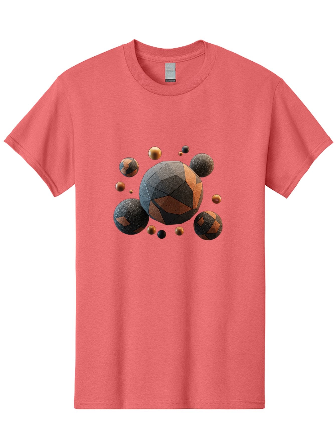 Geometric-Spheres Men'S Graphic Tee, 100% Cotton, Comfortable Casual Summer Wear, Machine Washable, Geometric Shapes, 3D Rendering, Abstract Art, Spherical Forms, Dark Grey And Orange Hues, Futuristic Design, Modern Aesthetic, Bad133 12