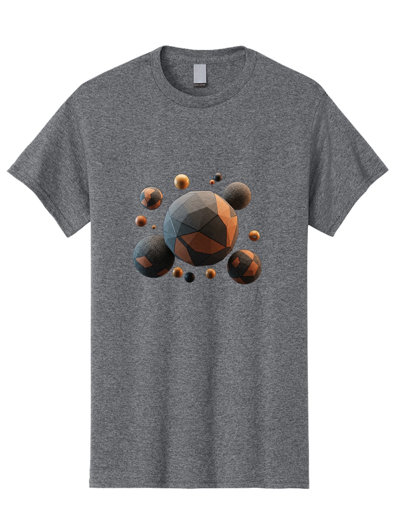 Geometric-Spheres Men'S Graphic Tee, 100% Cotton, Comfortable Casual Summer Wear, Machine Washable, Geometric Shapes, 3D Rendering, Abstract Art, Spherical Forms, Dark Grey And Orange Hues, Futuristic Design, Modern Aesthetic, Bad133