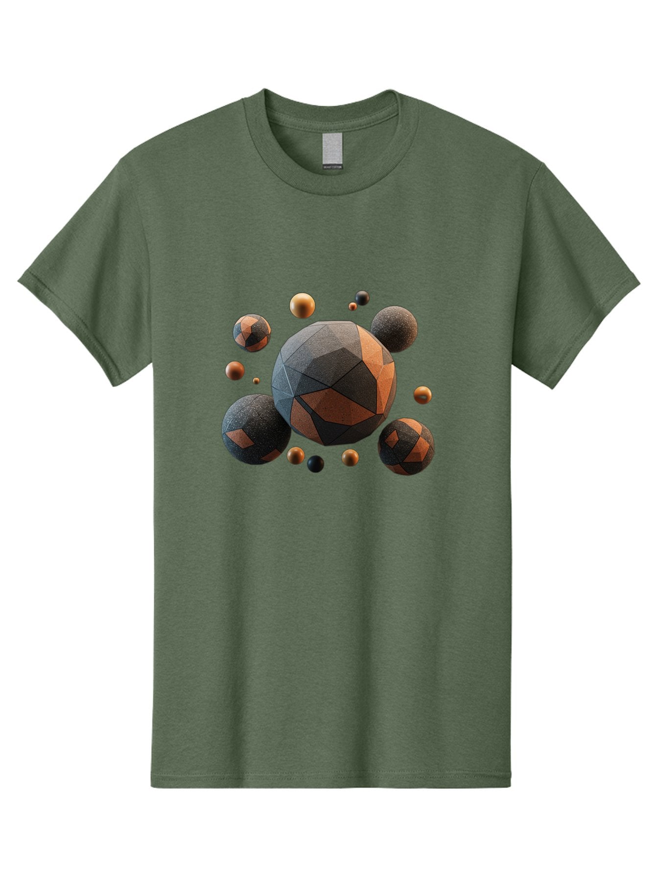 Geometric-Spheres Men'S Graphic Tee, 100% Cotton, Comfortable Casual Summer Wear, Machine Washable, Geometric Shapes, 3D Rendering, Abstract Art, Spherical Forms, Dark Grey And Orange Hues, Futuristic Design, Modern Aesthetic, Bad133 6